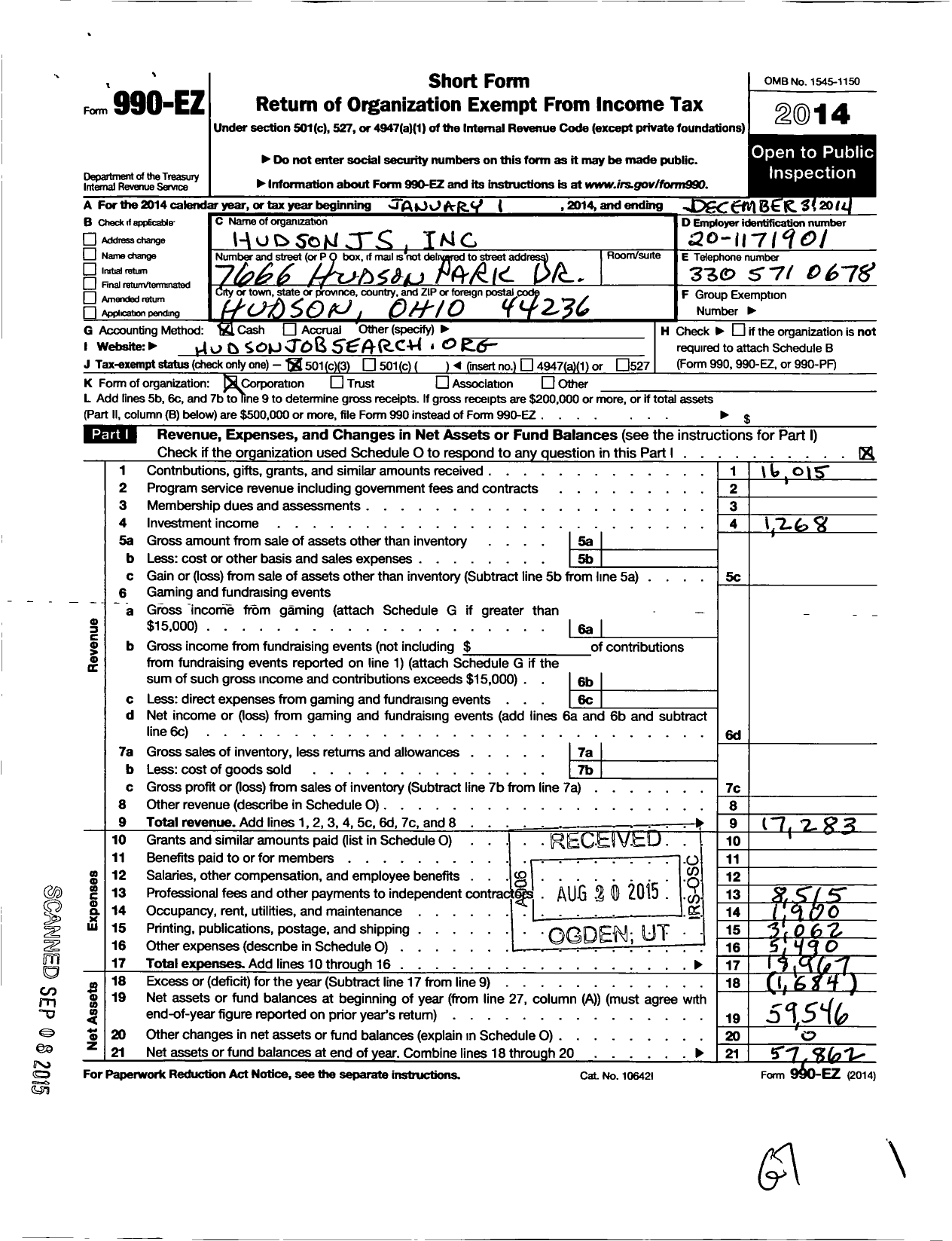 Image of first page of 2014 Form 990EZ for Hudsonjs