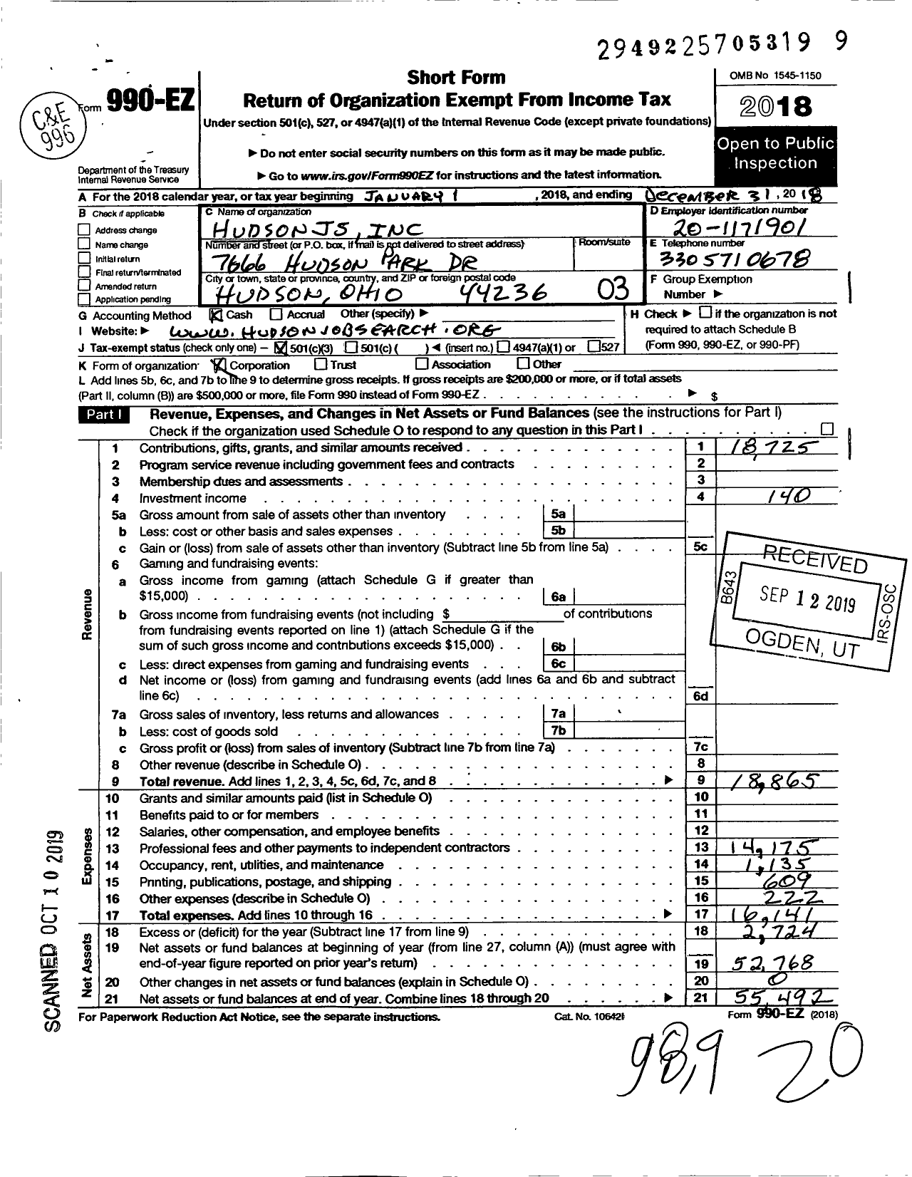 Image of first page of 2018 Form 990EZ for Hudsonjs