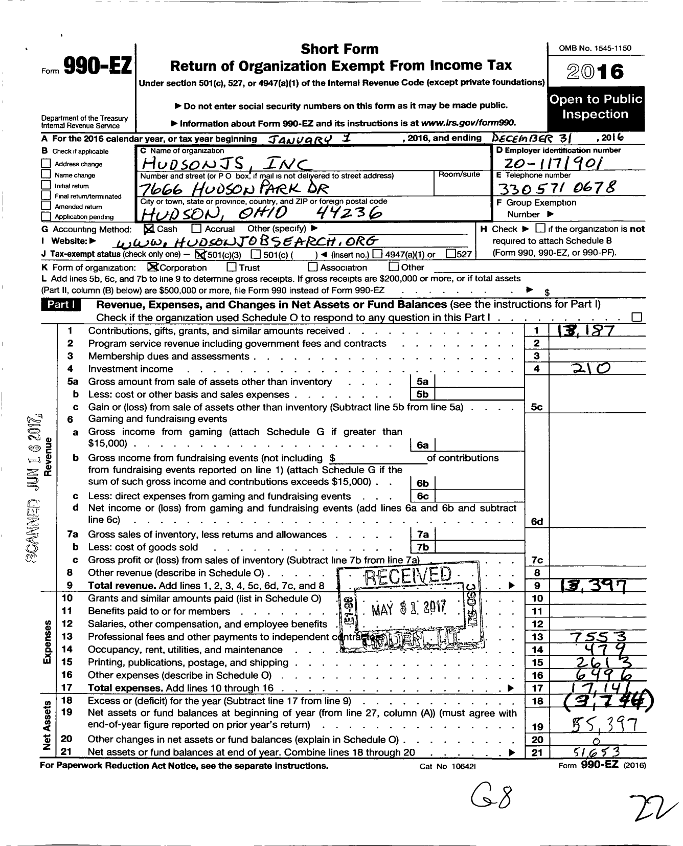 Image of first page of 2016 Form 990EZ for Hudsonjs