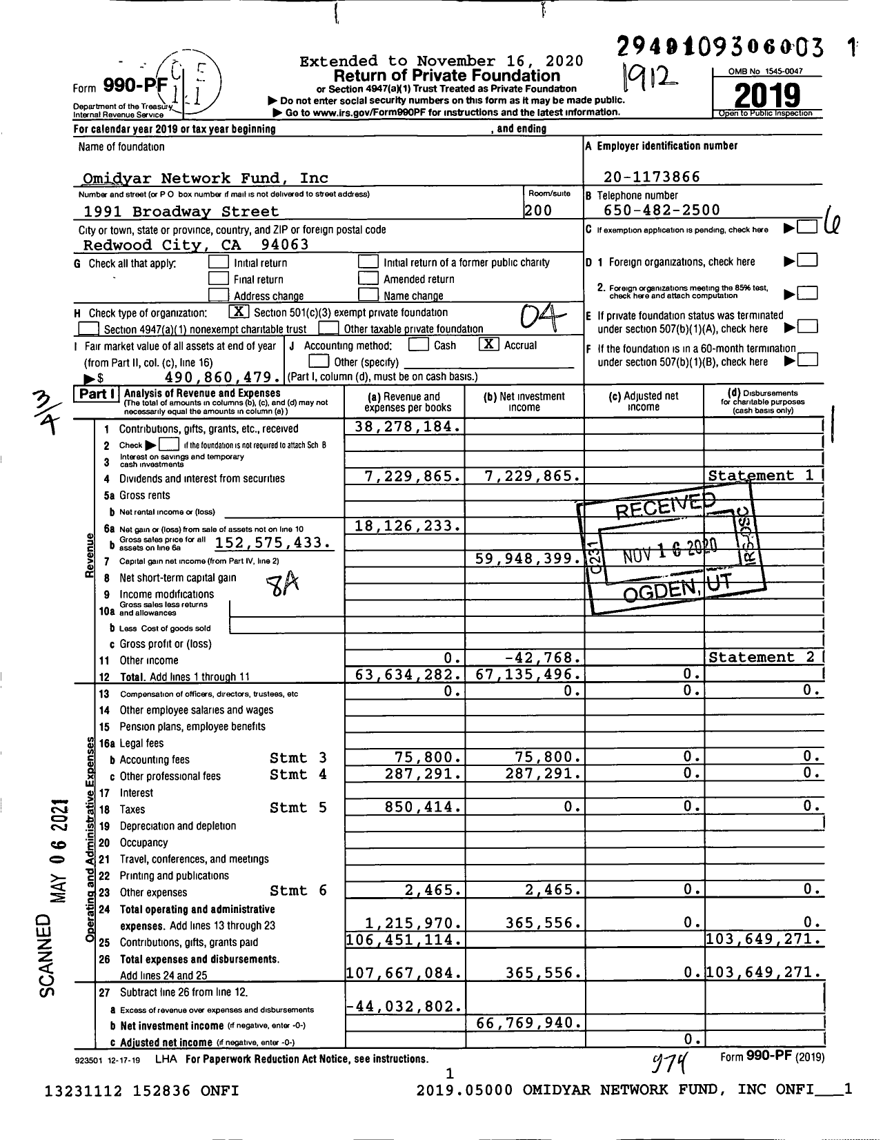 Image of first page of 2019 Form 990PF for Omidyar Network