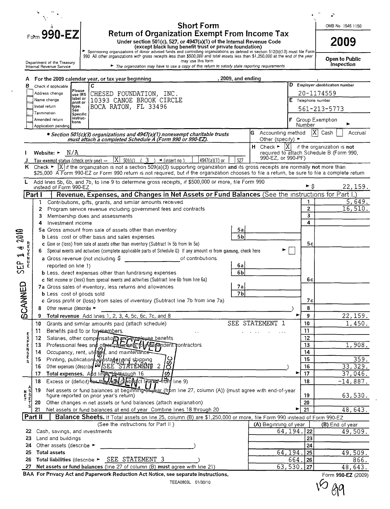 Image of first page of 2009 Form 990EZ for Chesed Foundation