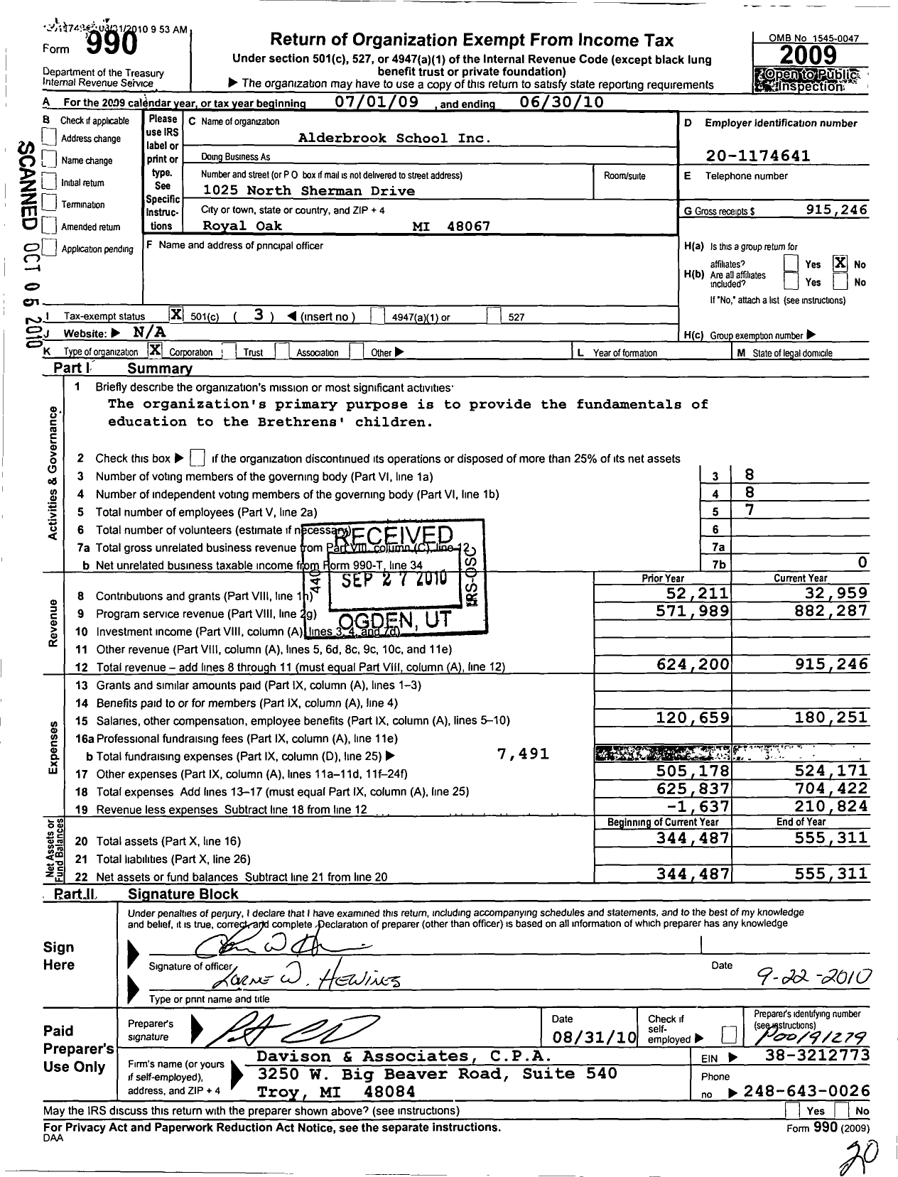 Image of first page of 2009 Form 990 for Alderbrook School