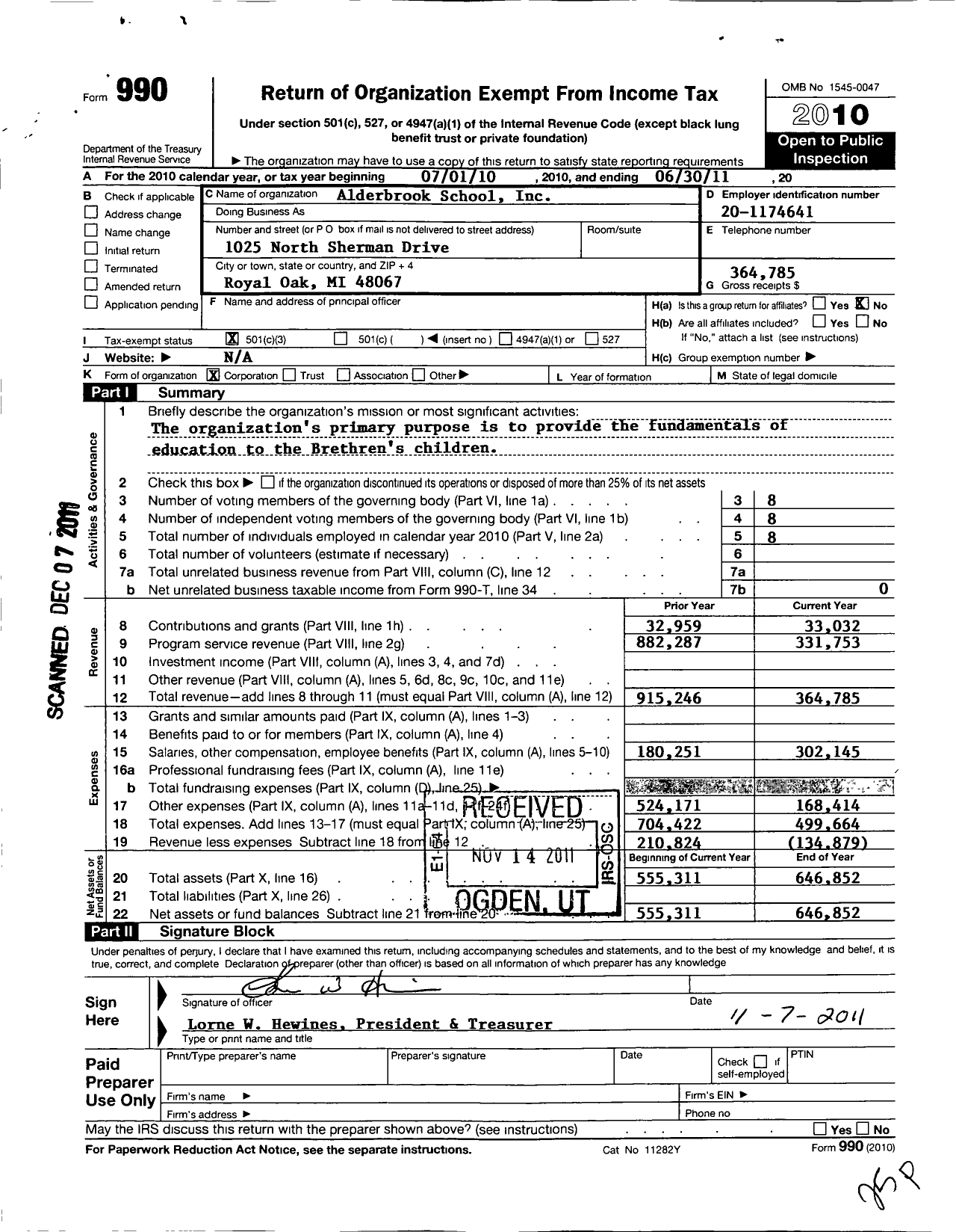 Image of first page of 2010 Form 990 for Alderbrook School