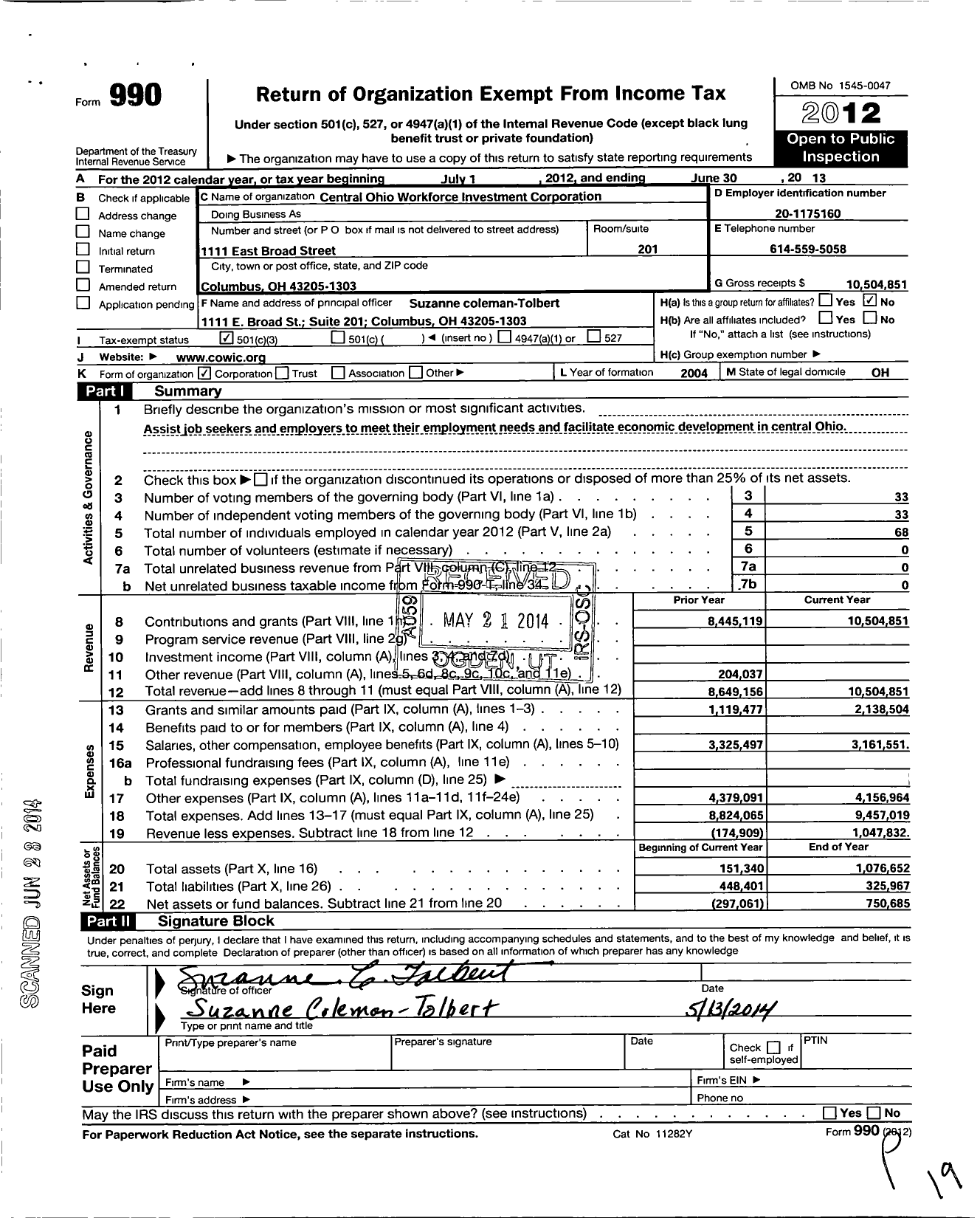 Image of first page of 2012 Form 990 for Central Ohio Workforce Investment Corporation (COWIC)