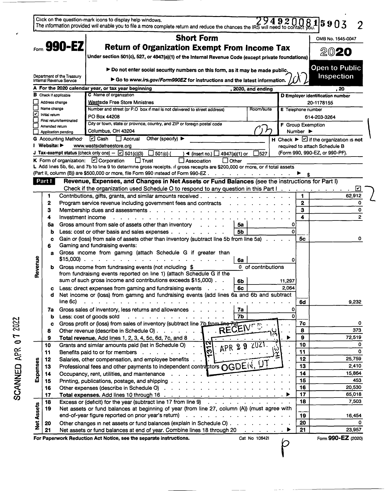 Image of first page of 2020 Form 990EZ for Westside Free Store Ministries