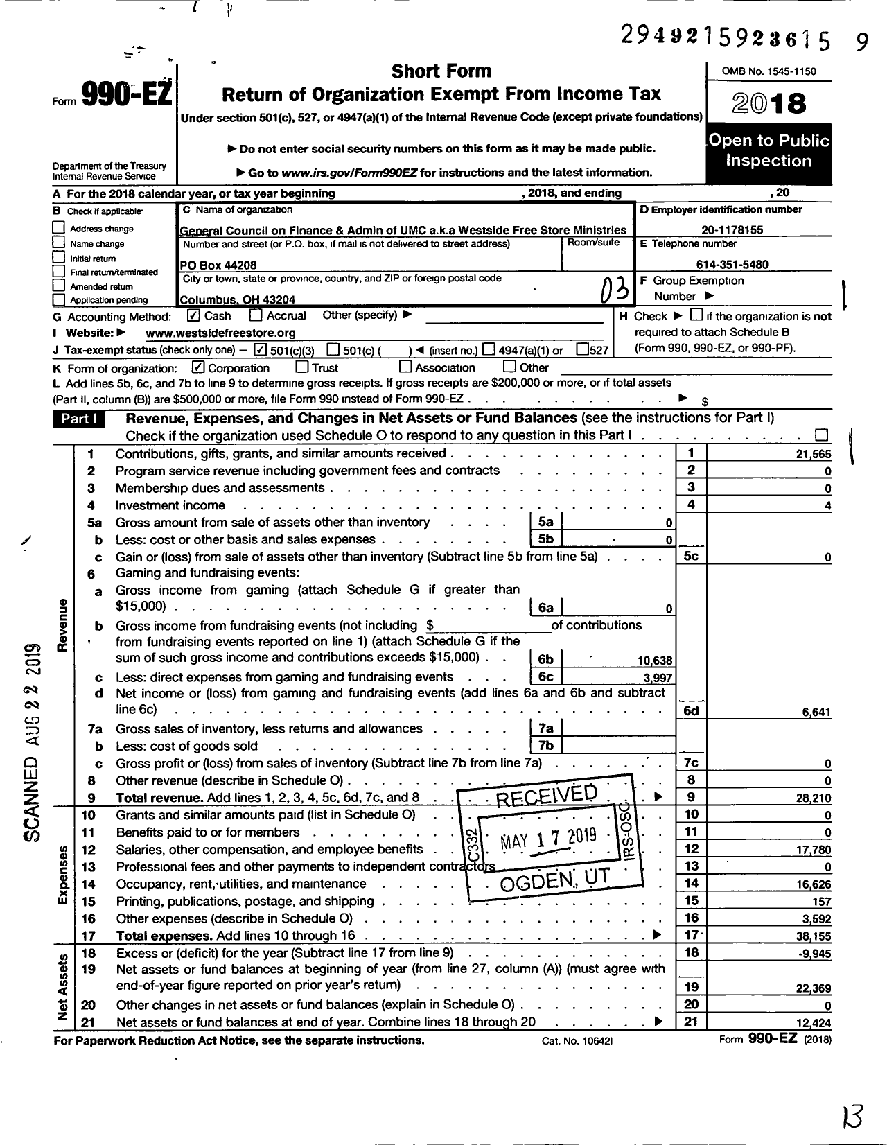 Image of first page of 2018 Form 990EZ for Westside Free Store Ministries