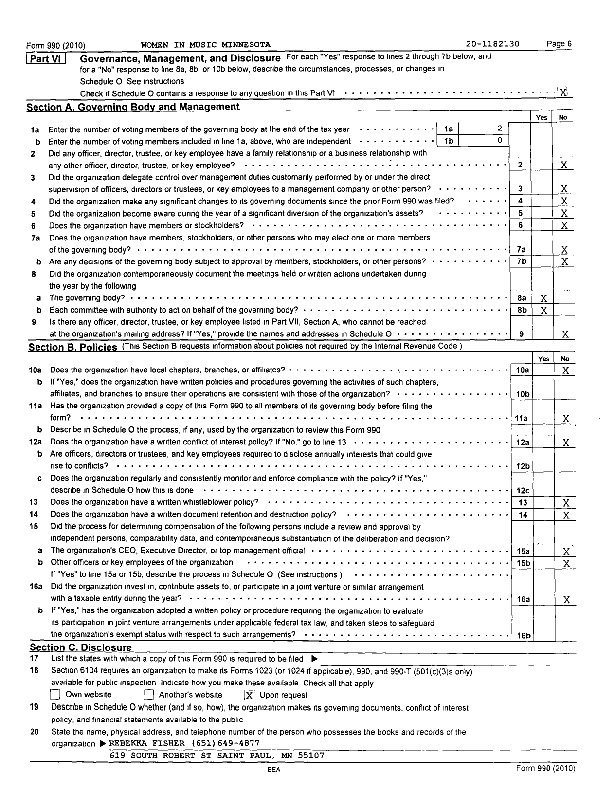 Image of first page of 2010 Form 990R for Women in Music - Minnesota