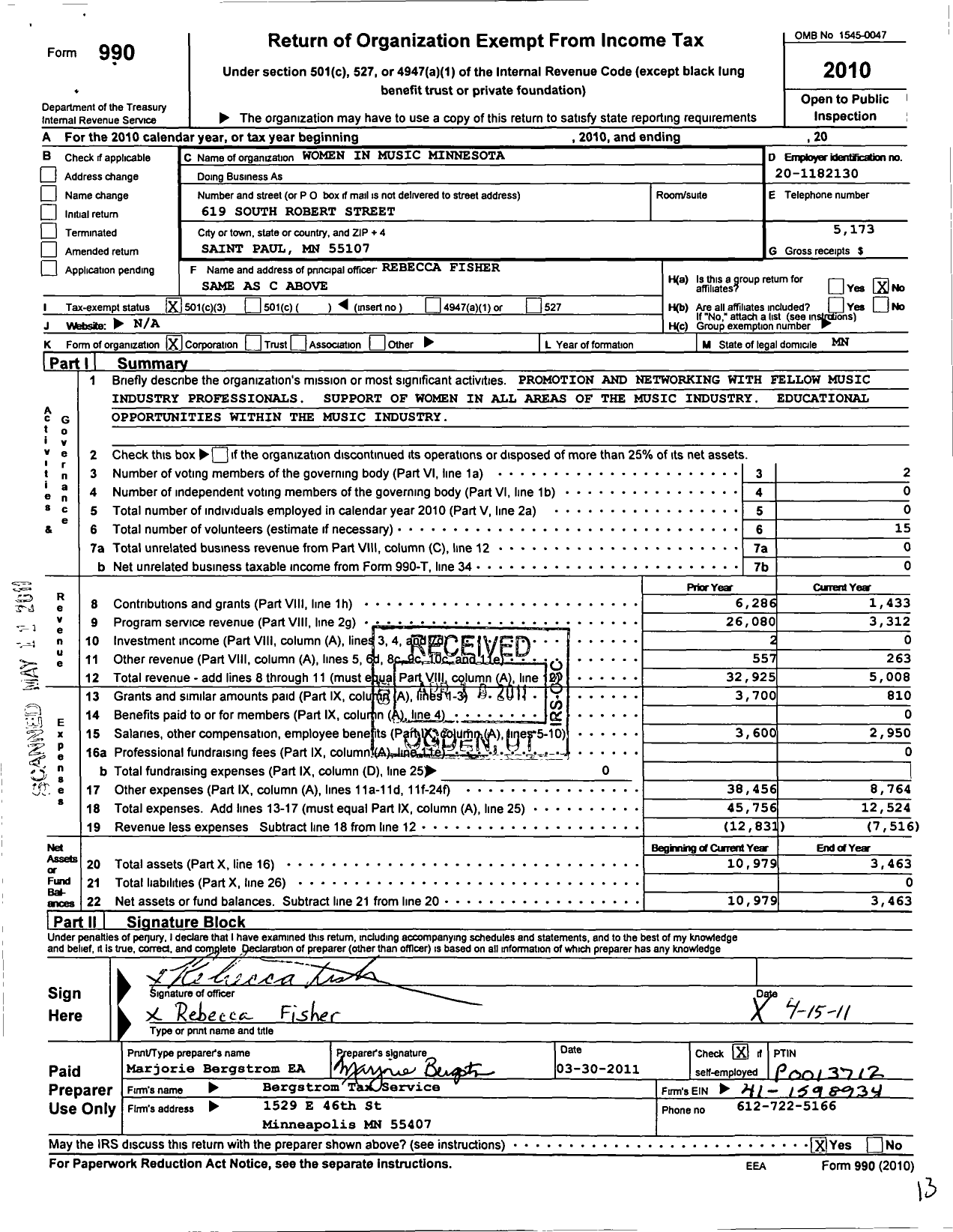 Image of first page of 2010 Form 990 for Women in Music - Minnesota