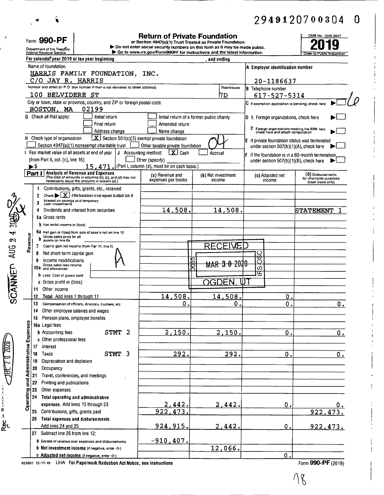 Image of first page of 2019 Form 990PR for Harris Family Foundation