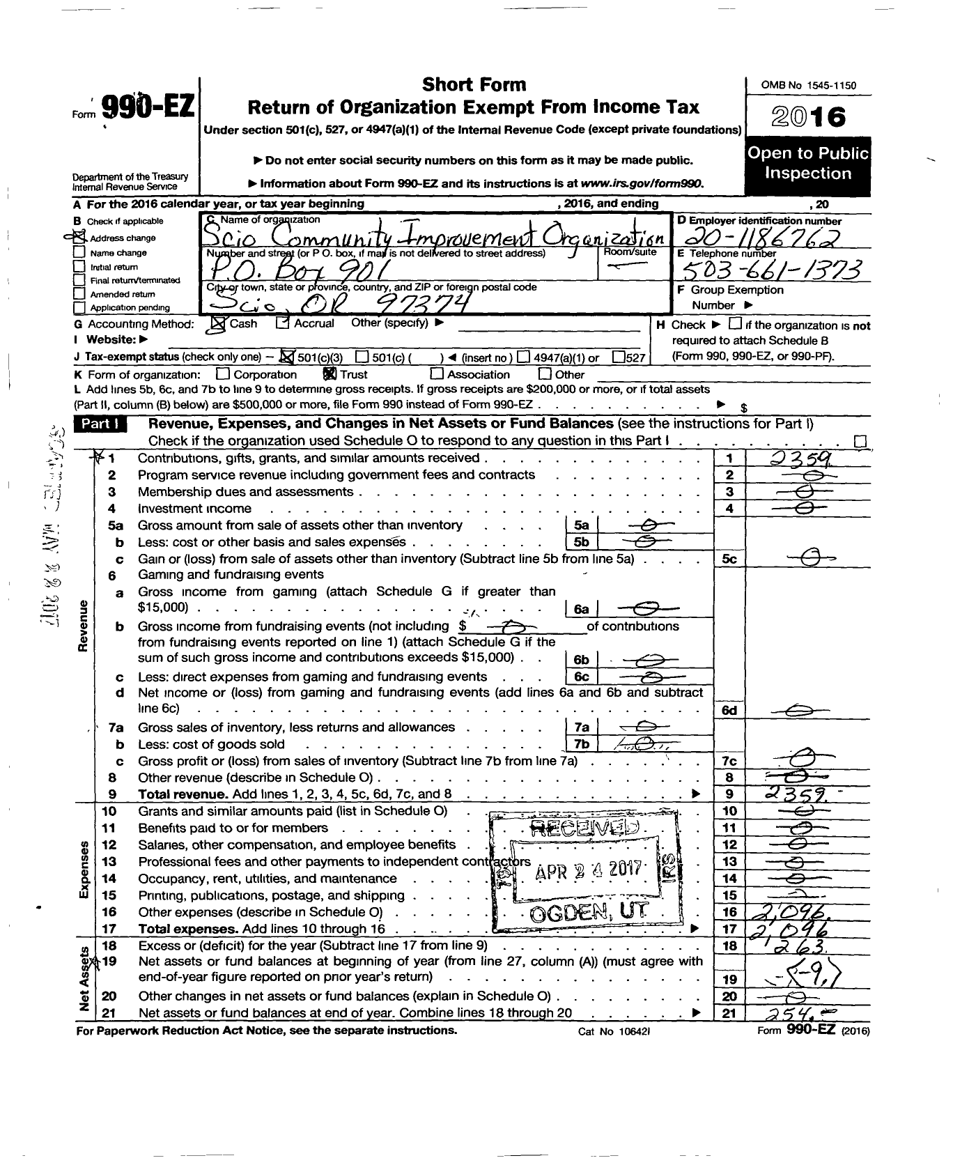 Image of first page of 2016 Form 990EZ for Scio Community Improvement Organization