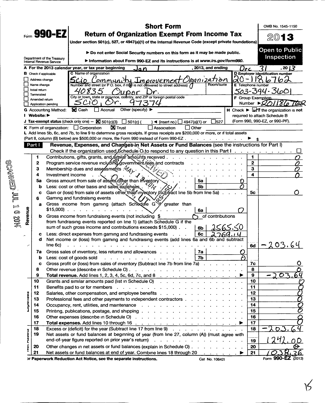 Image of first page of 2013 Form 990EZ for Scio Community Improvement Organization