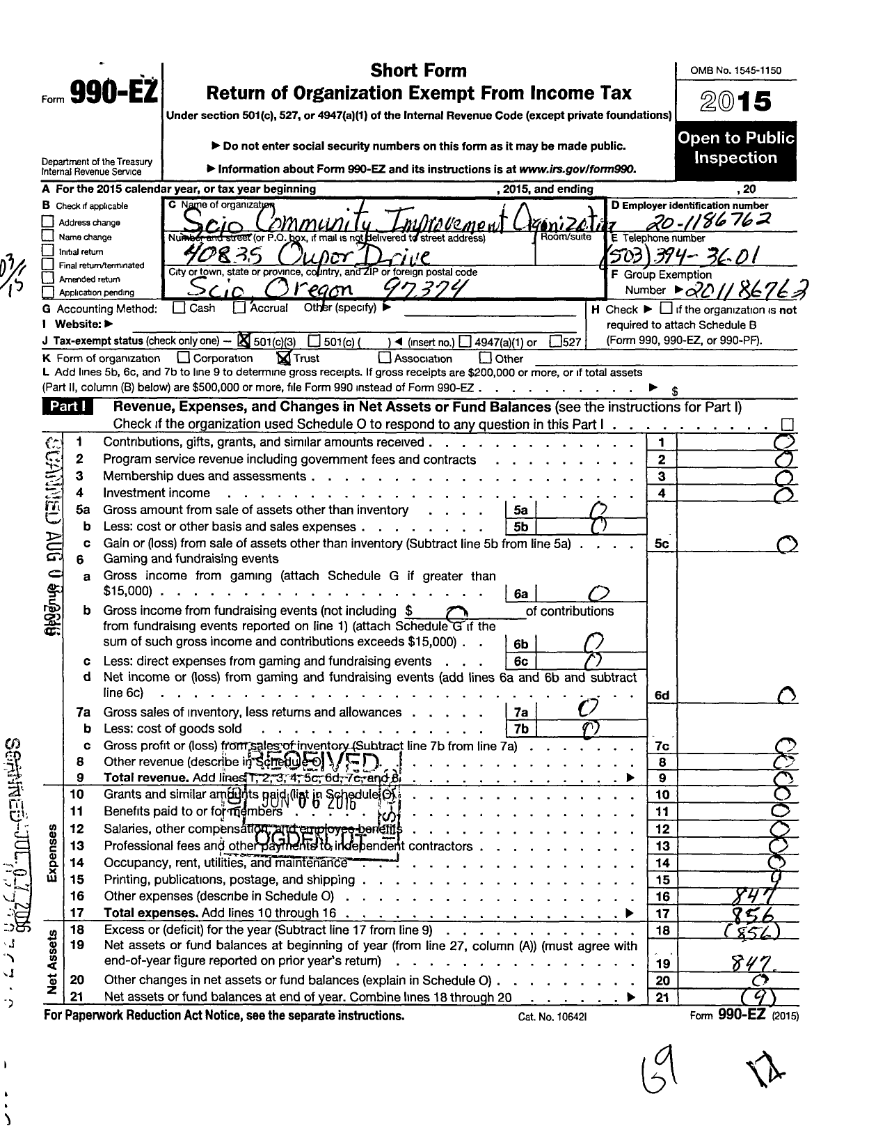 Image of first page of 2015 Form 990EZ for Scio Community Improvement Organization