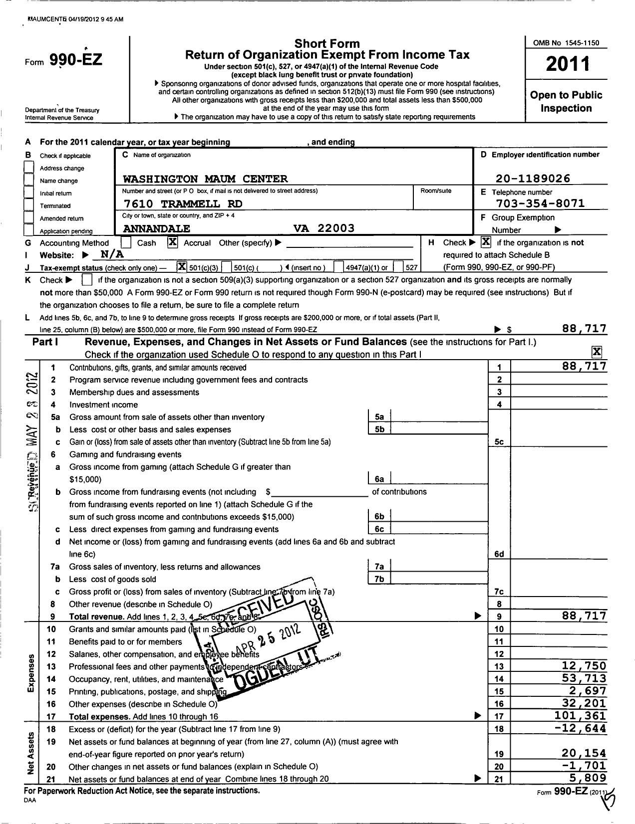 Image of first page of 2011 Form 990EZ for Northern Virginia Meditation