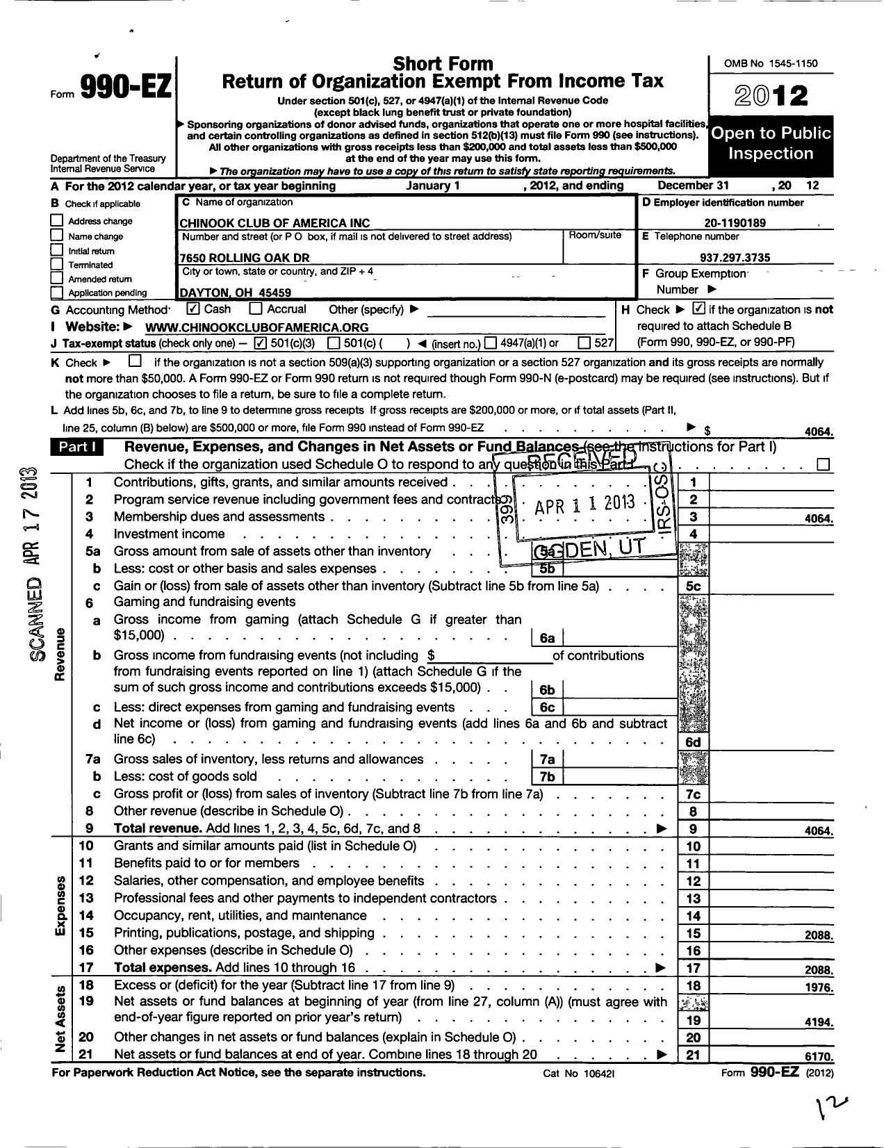 Image of first page of 2012 Form 990EZ for Chinook Club of America