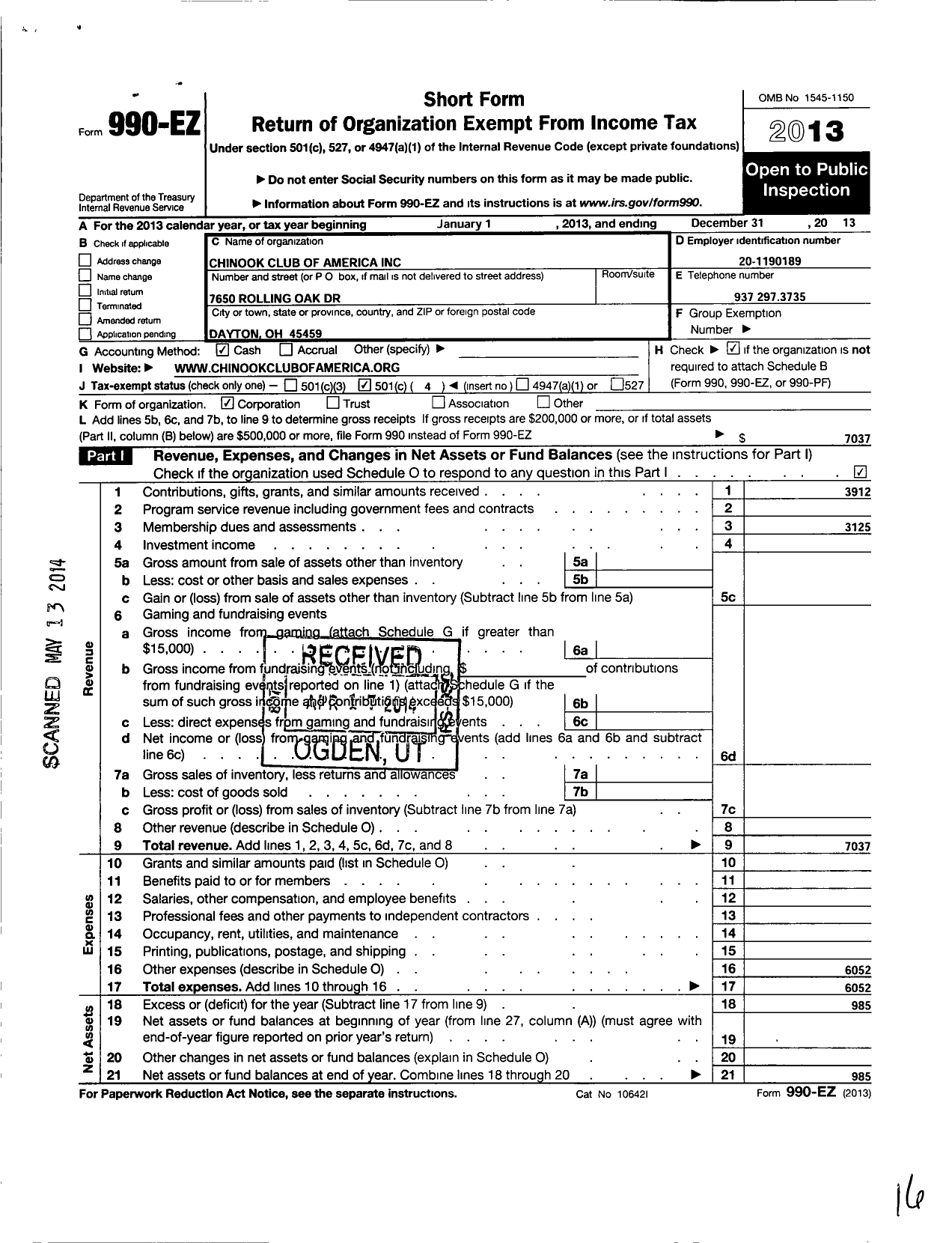 Image of first page of 2013 Form 990EO for Chinook Club of America