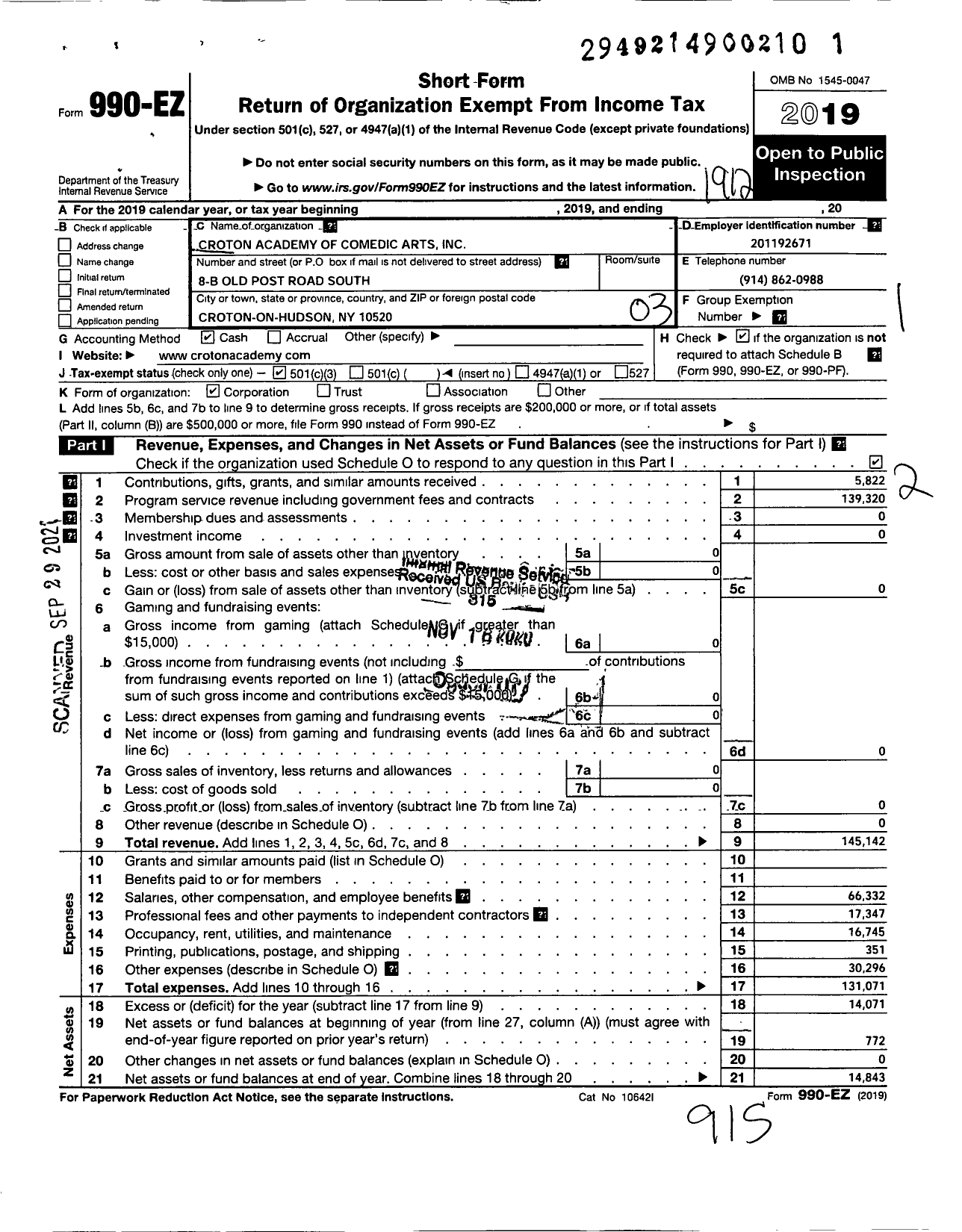 Image of first page of 2019 Form 990EZ for Croton Academy of Comedic Arts