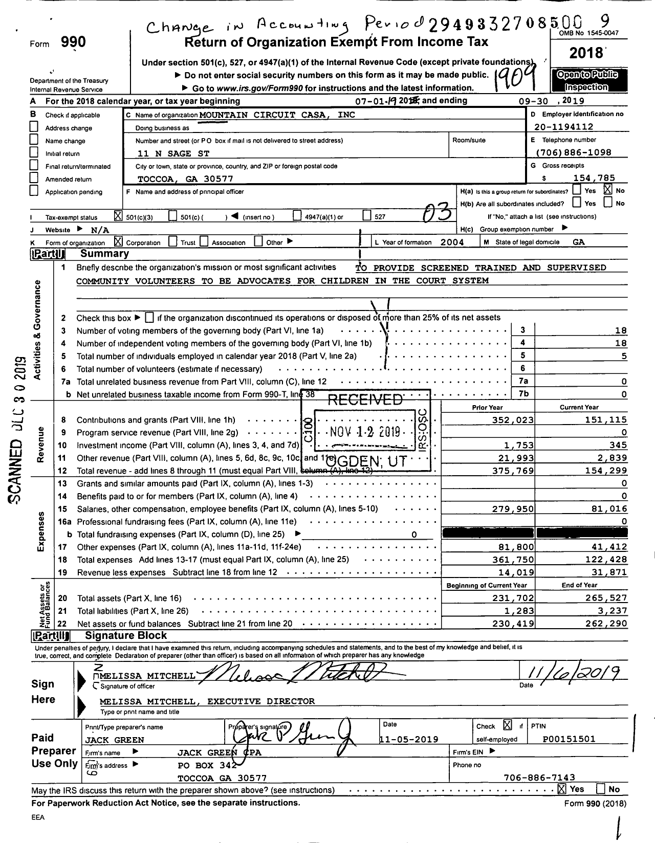 Image of first page of 2018 Form 990 for Mountain Circuit Casa