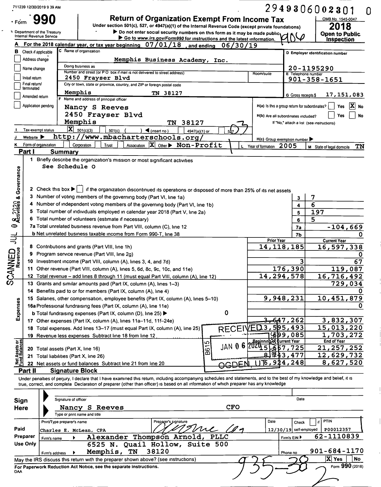 Image of first page of 2018 Form 990 for Memphis Business Academy