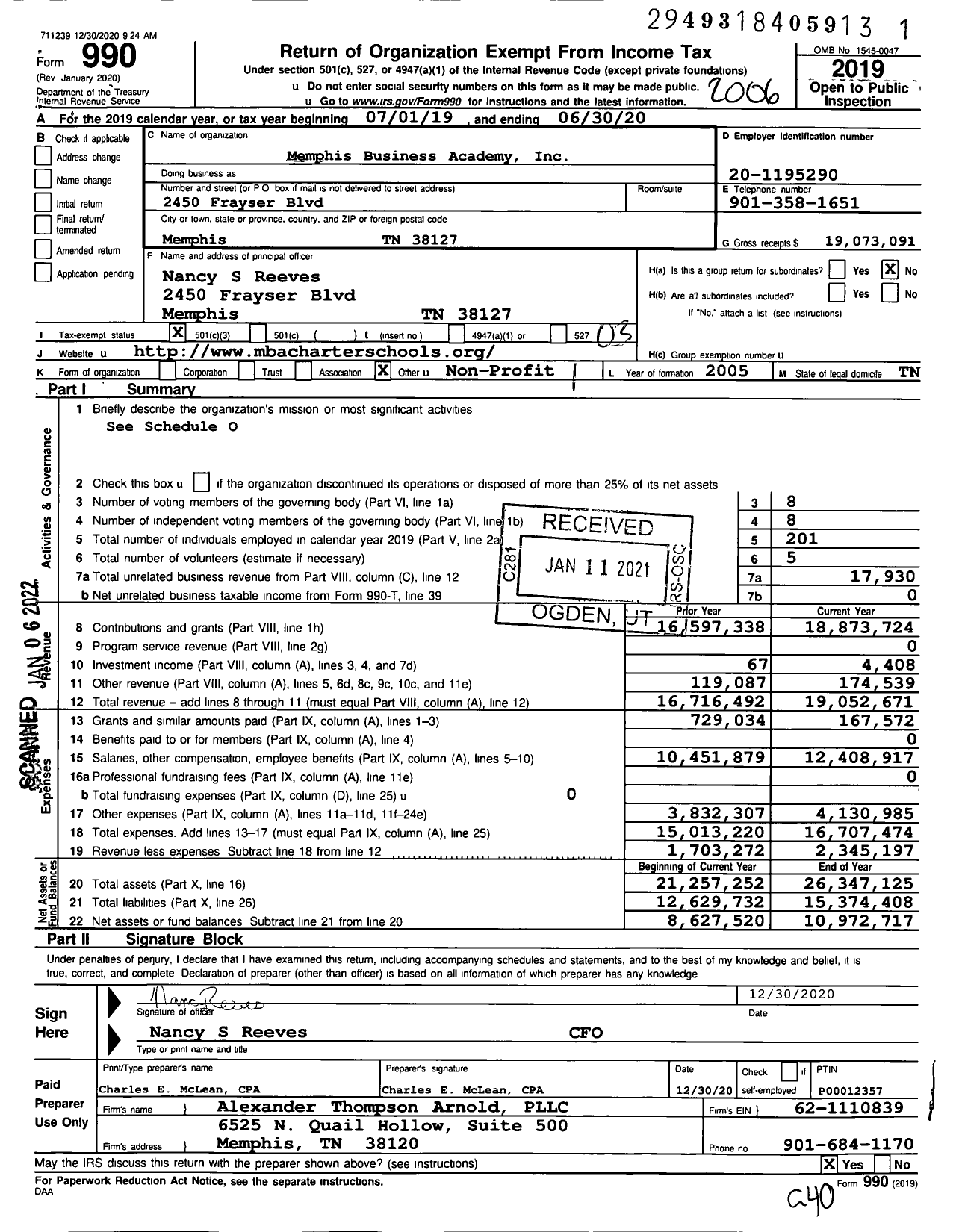 Image of first page of 2019 Form 990 for Memphis Business Academy