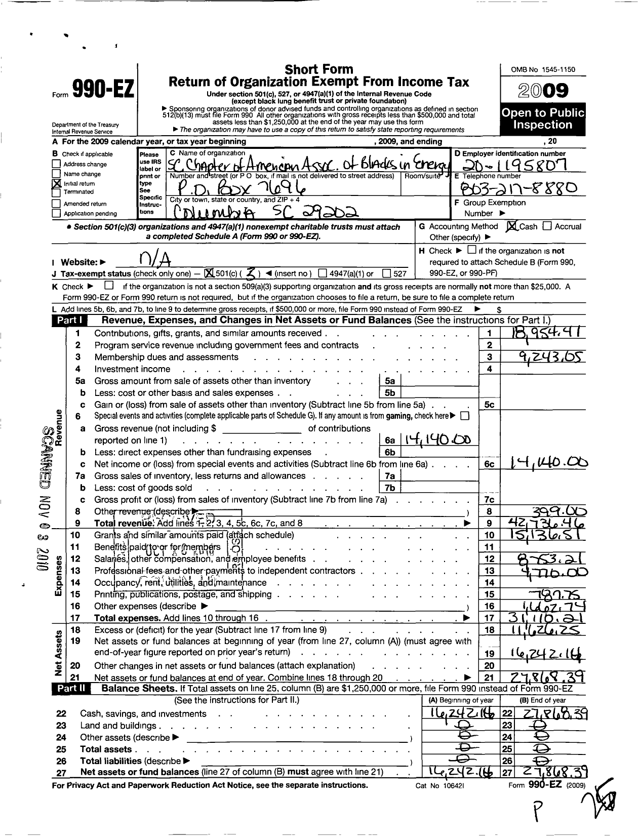 Image of first page of 2009 Form 990EZ for SC Chapter American Association of Blacks in Energy