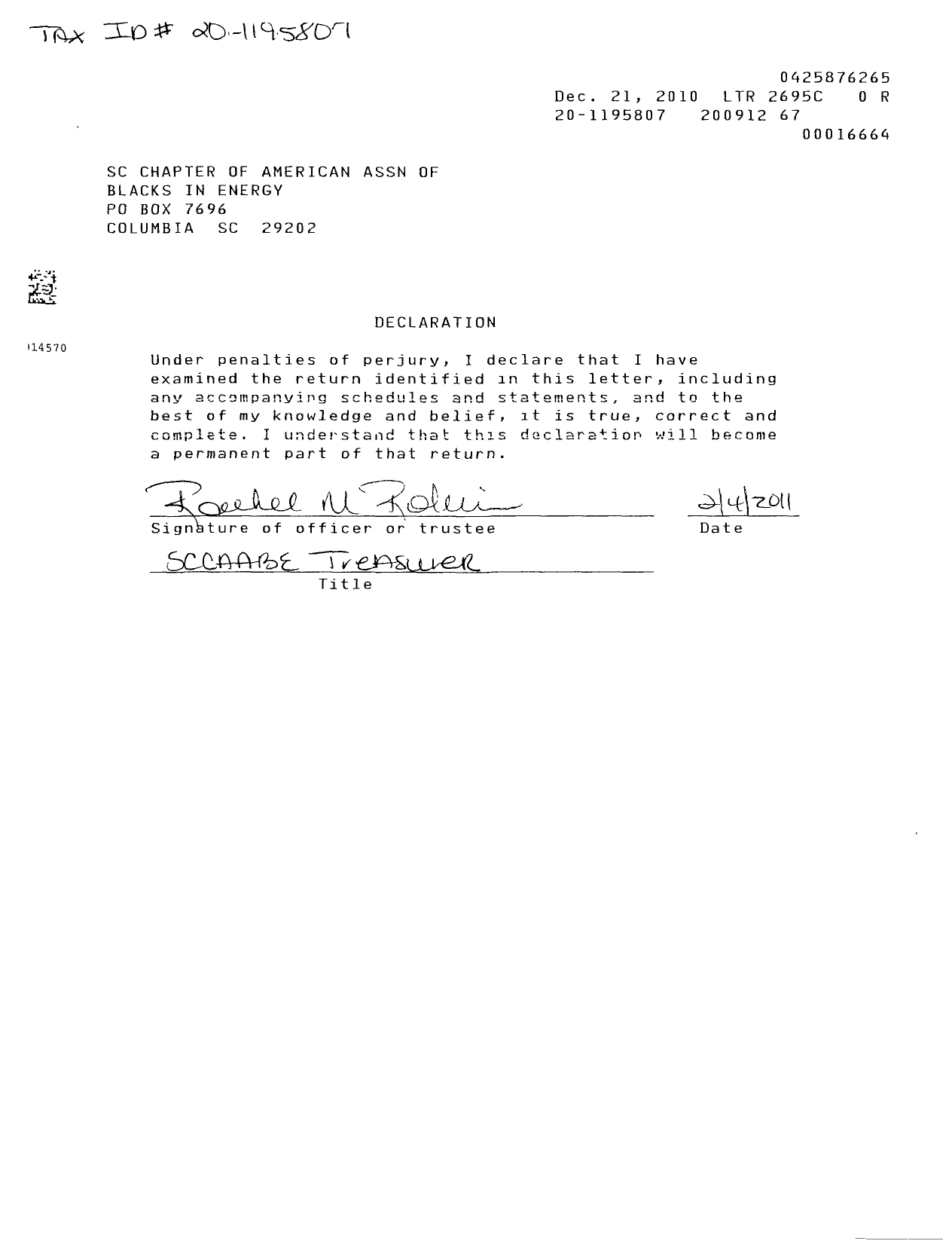 Image of first page of 2009 Form 990ER for SC Chapter American Association of Blacks in Energy