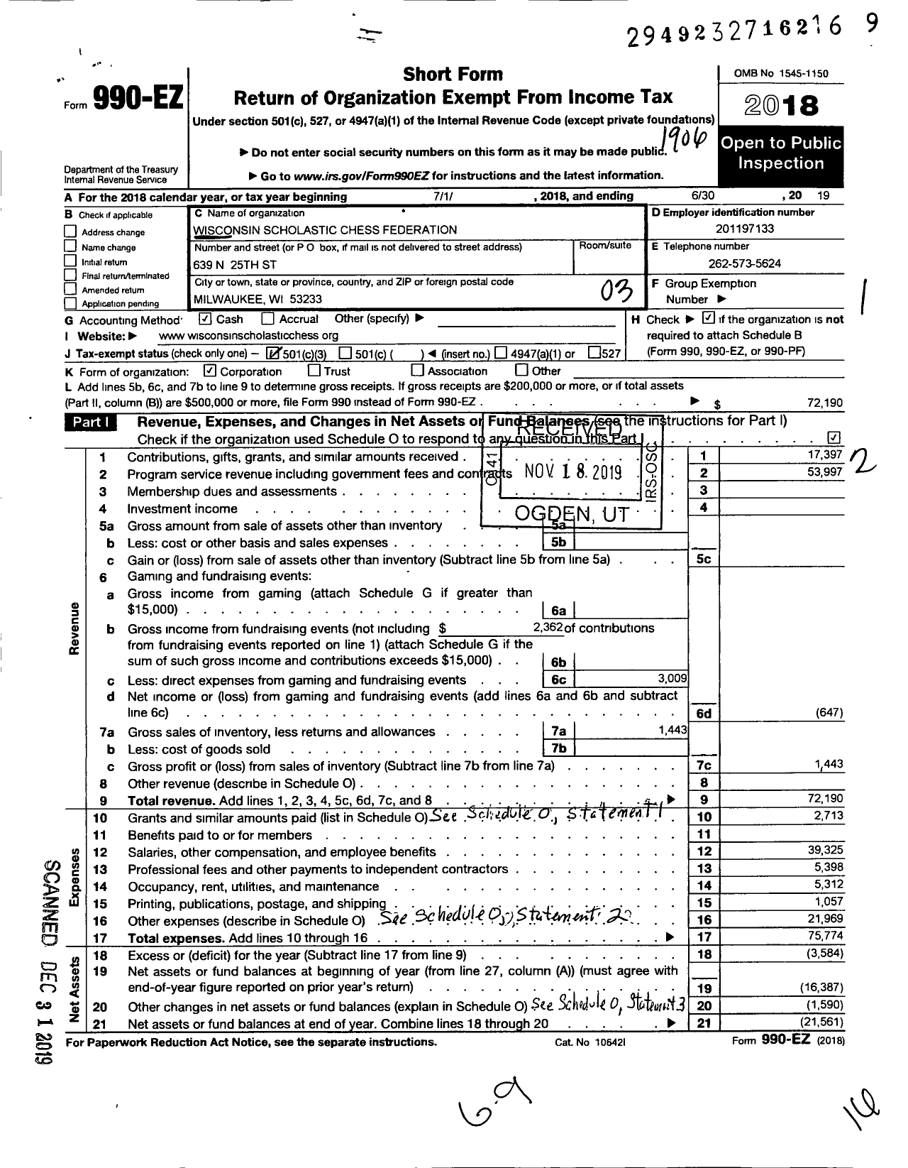 Image of first page of 2018 Form 990EZ for Wisconsin Scholastic Chess Federation