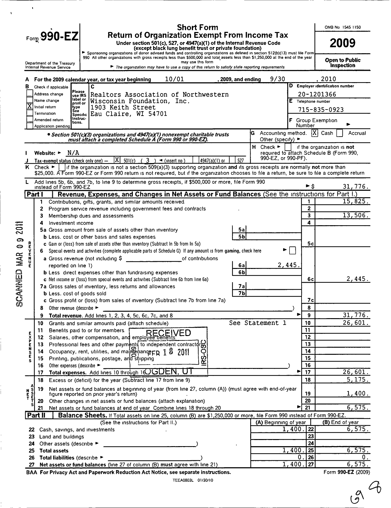 Image of first page of 2009 Form 990EZ for Realtors Association of Northwestern Wisconsin Foundation