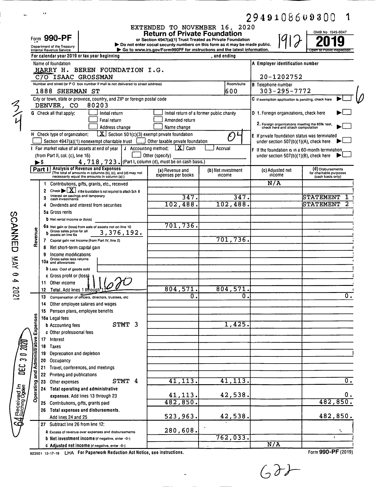 Image of first page of 2019 Form 990PF for Harry H Beren Foundation Ig