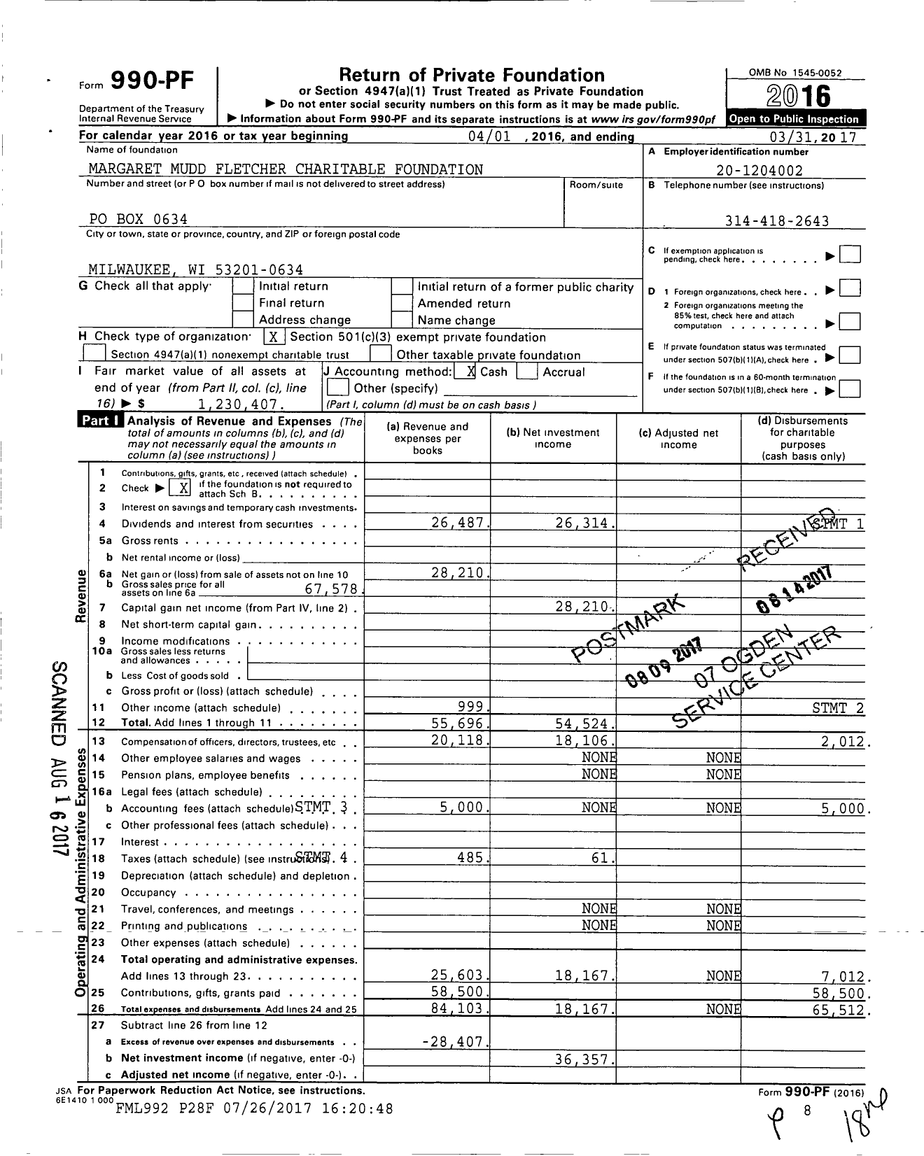 Image of first page of 2016 Form 990PF for Fletcher Margaret Mudd Charitable Foundation