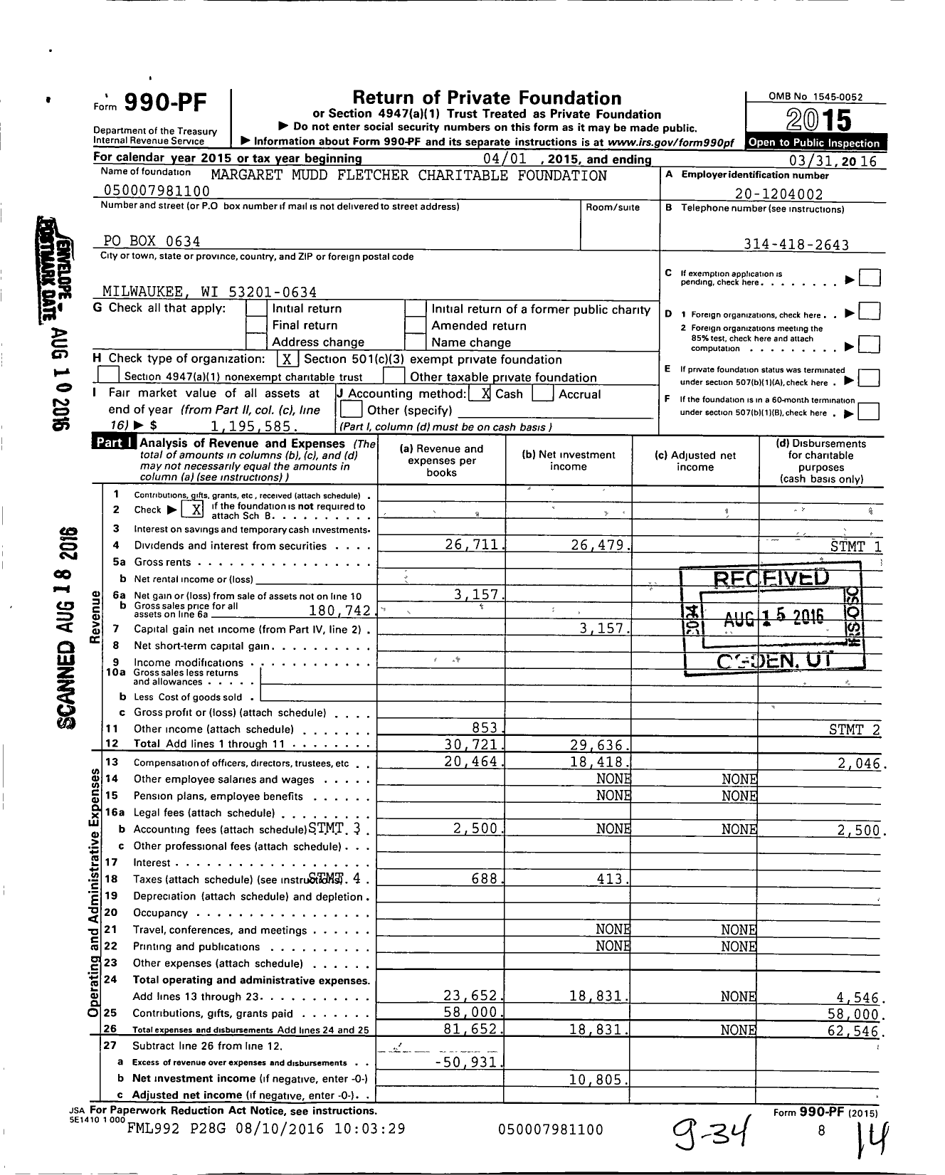 Image of first page of 2015 Form 990PF for Fletcher Margaret Mudd Charitable Foundation