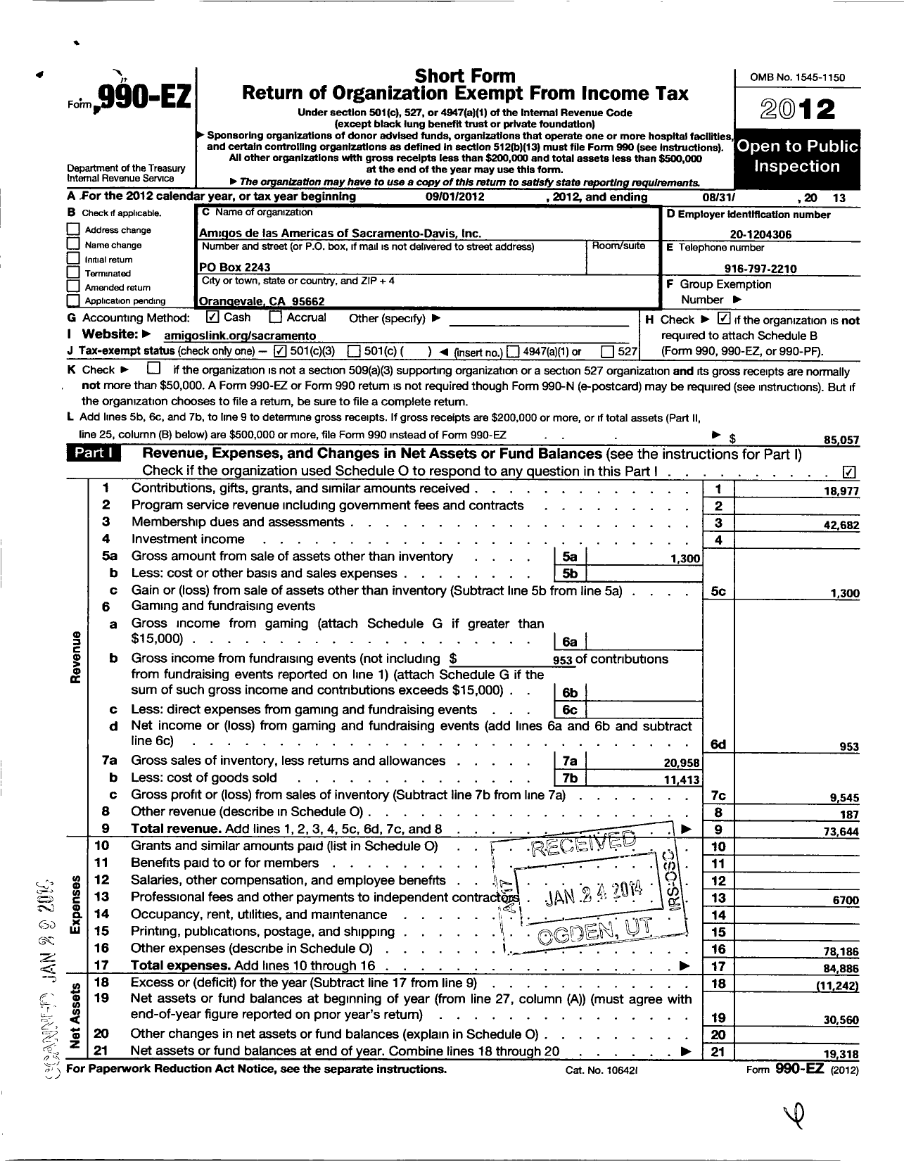 Image of first page of 2012 Form 990EZ for Amigos de Las Americas / Sacramento-Davis Inc