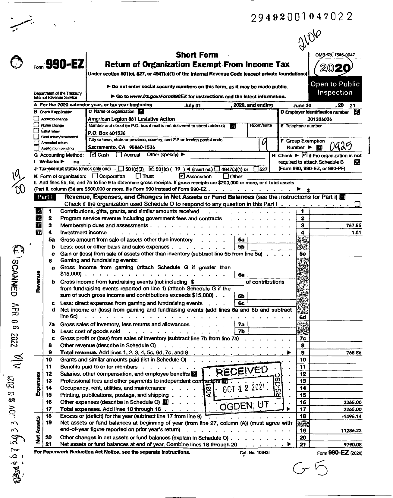 Image of first page of 2020 Form 990EO for American Legion - 861 Legislative Action