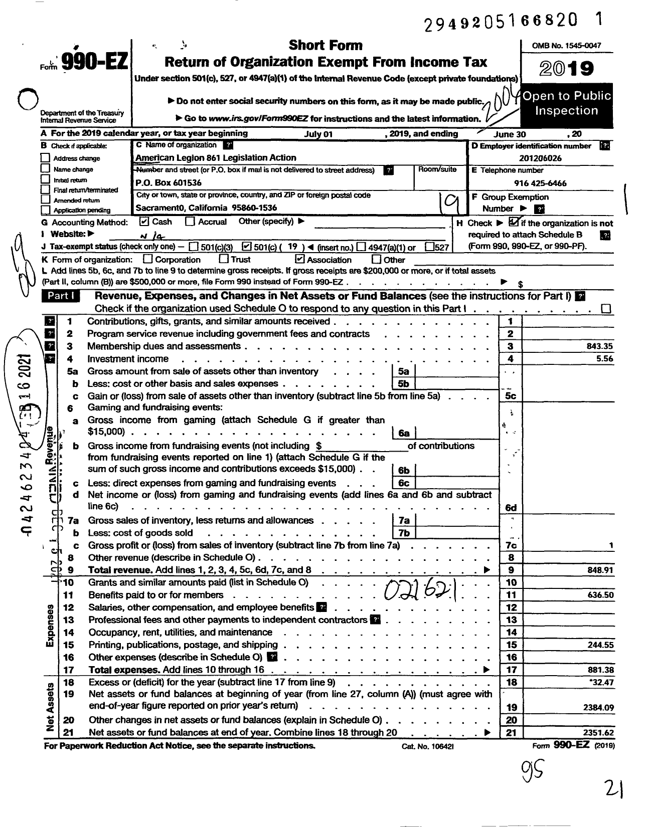 Image of first page of 2019 Form 990EO for American Legion - 861 Legislative Action