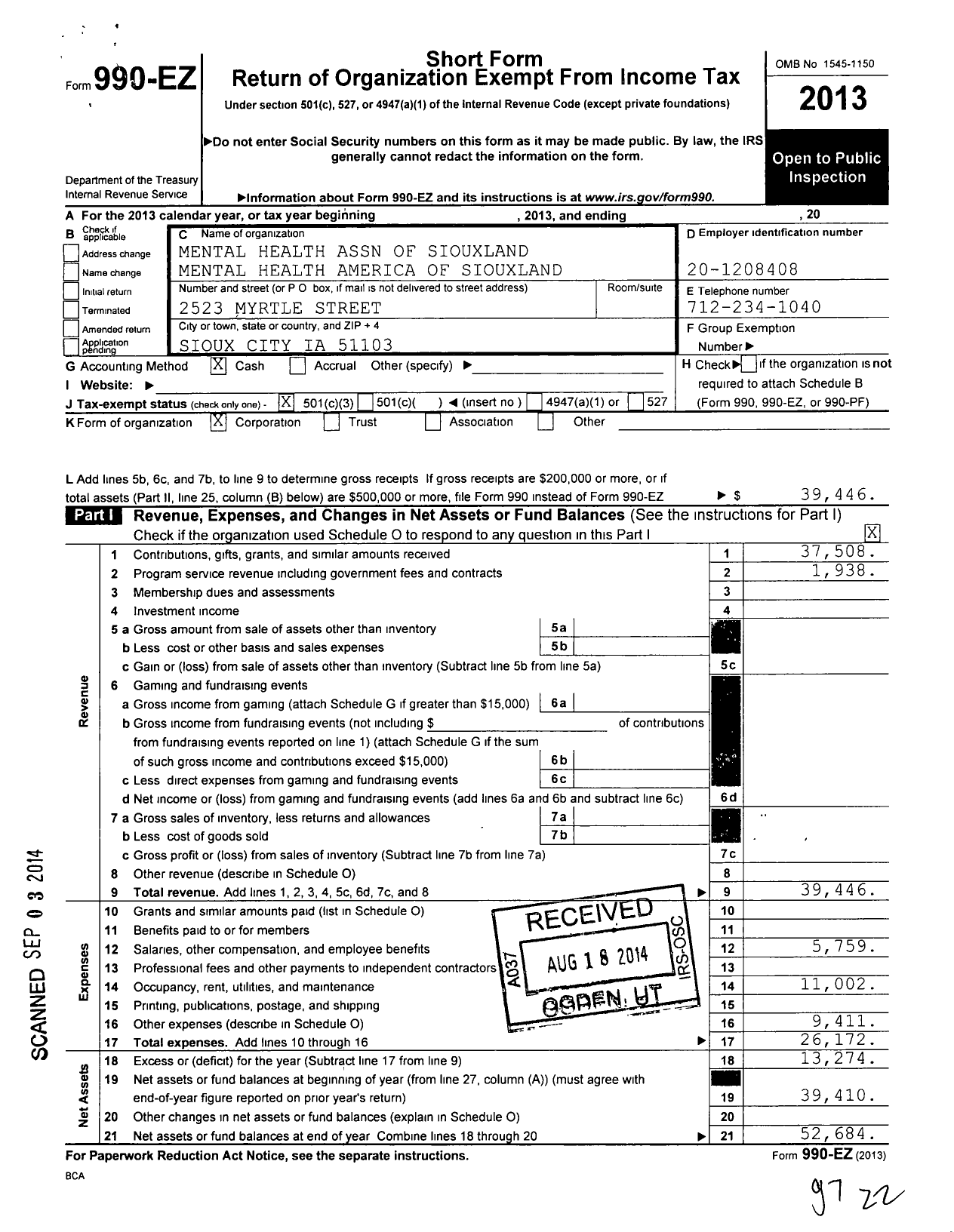 Image of first page of 2013 Form 990EZ for Mental Health Association of Siouxland