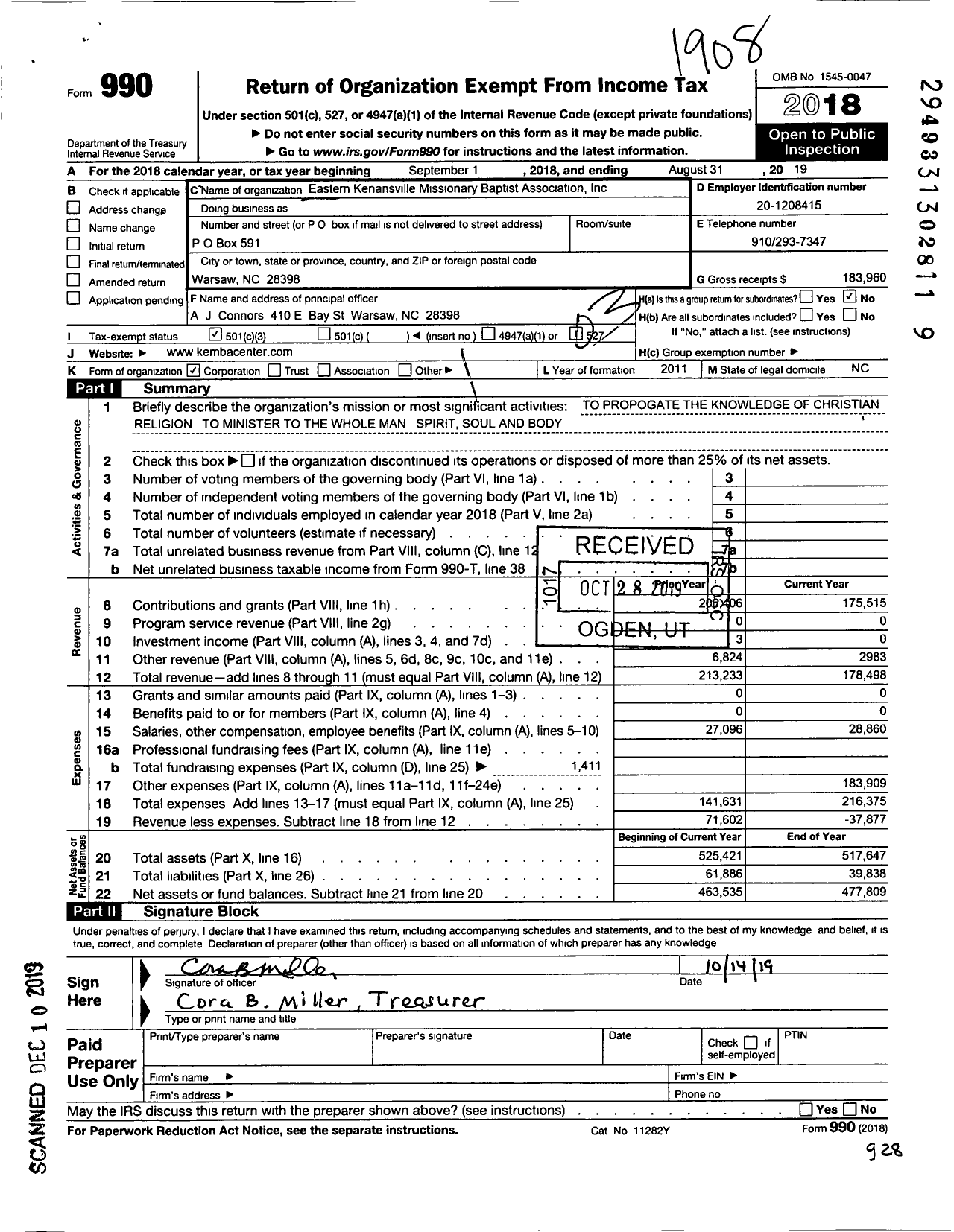 Image of first page of 2018 Form 990 for Eastern Kenansville Missionary Baptist Association KEMBA Center