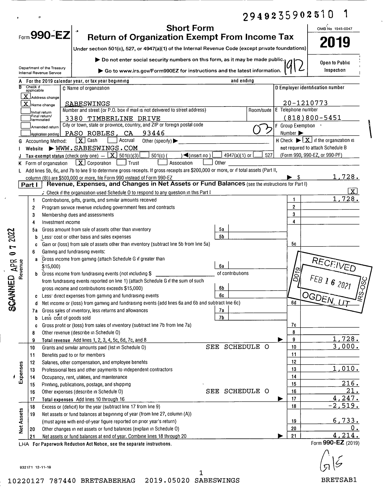 Image of first page of 2019 Form 990EZ for Sabeswings