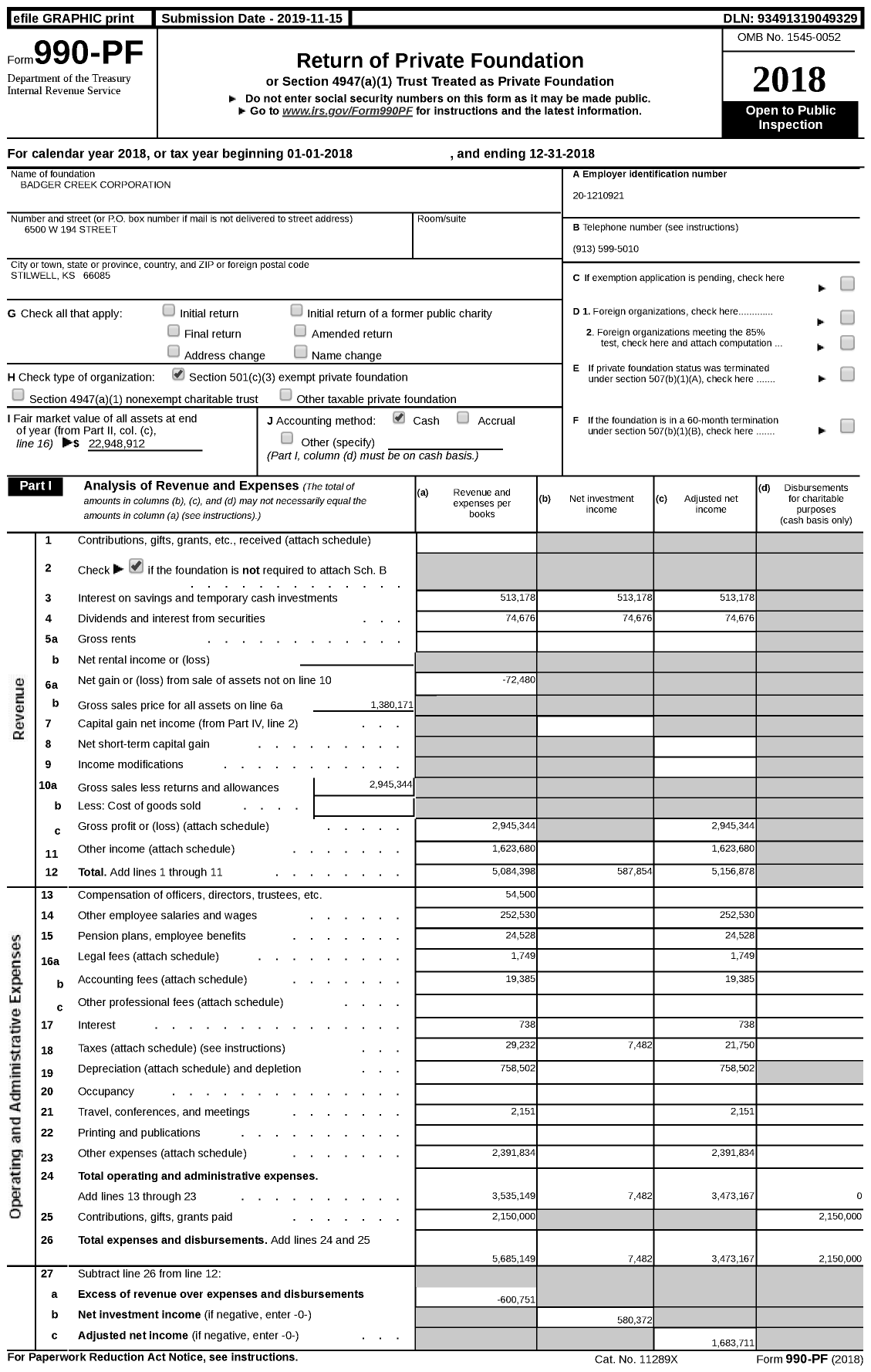 Image of first page of 2018 Form 990PF for Badger Creek Corporation