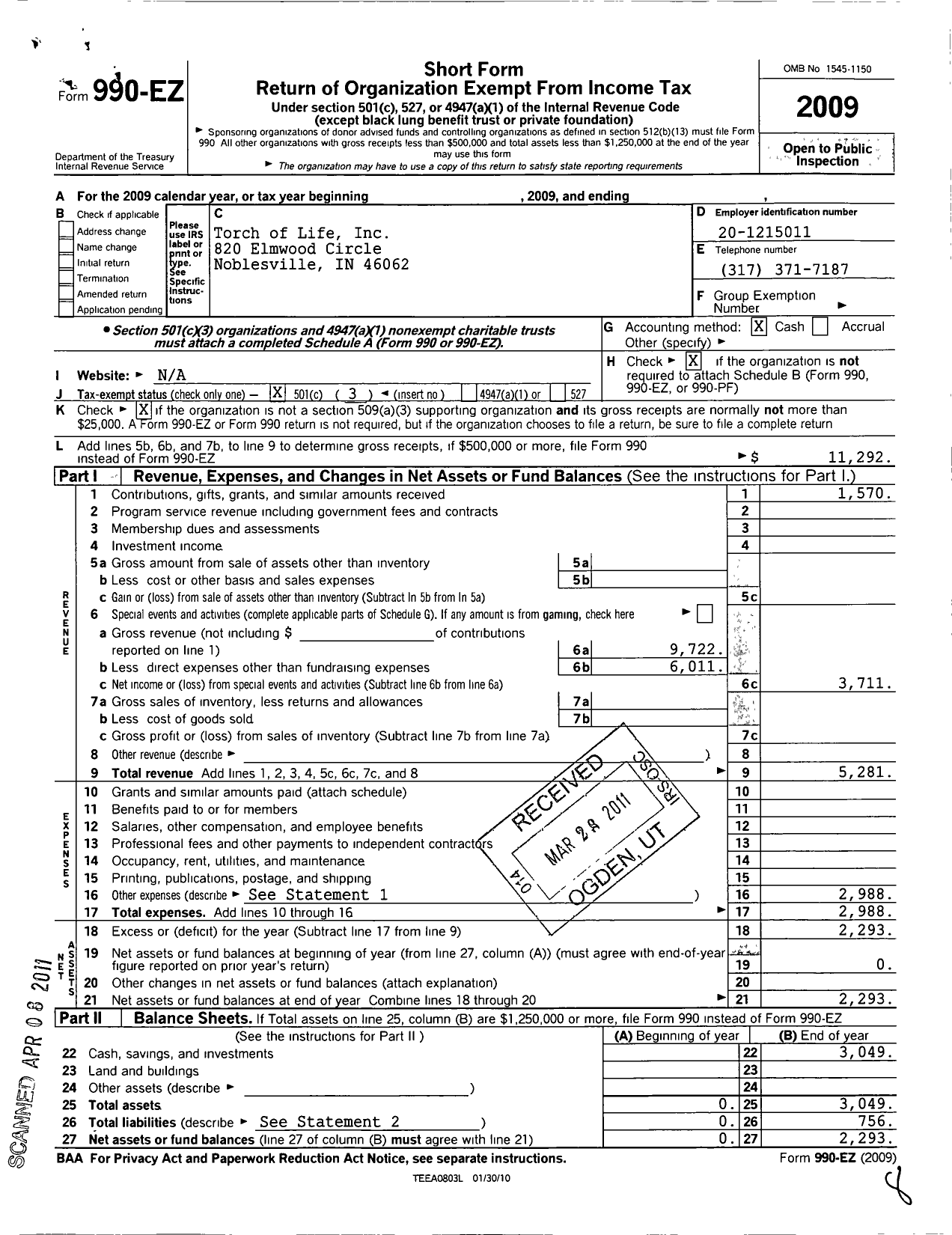 Image of first page of 2009 Form 990EZ for Torch of Life