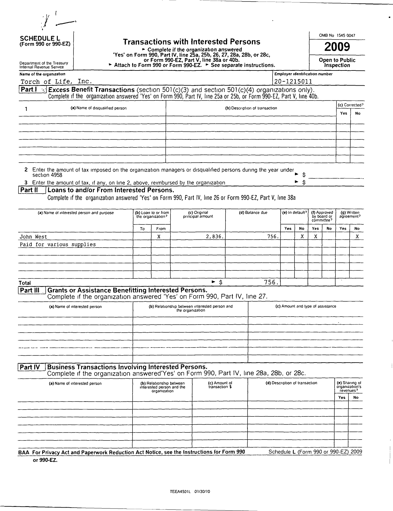 Image of first page of 2009 Form 990ER for Torch of Life