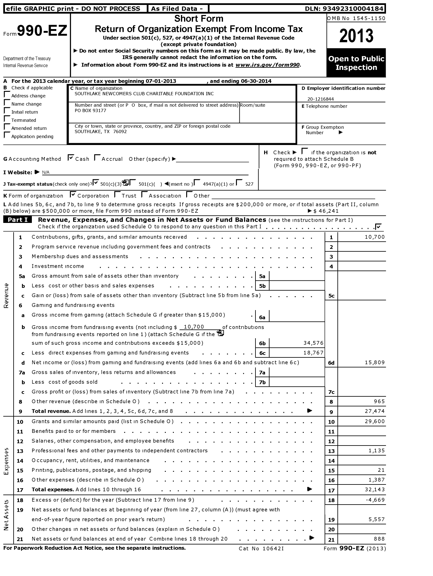 Image of first page of 2013 Form 990EZ for Southlake Newcomers Club Charitable Foundation