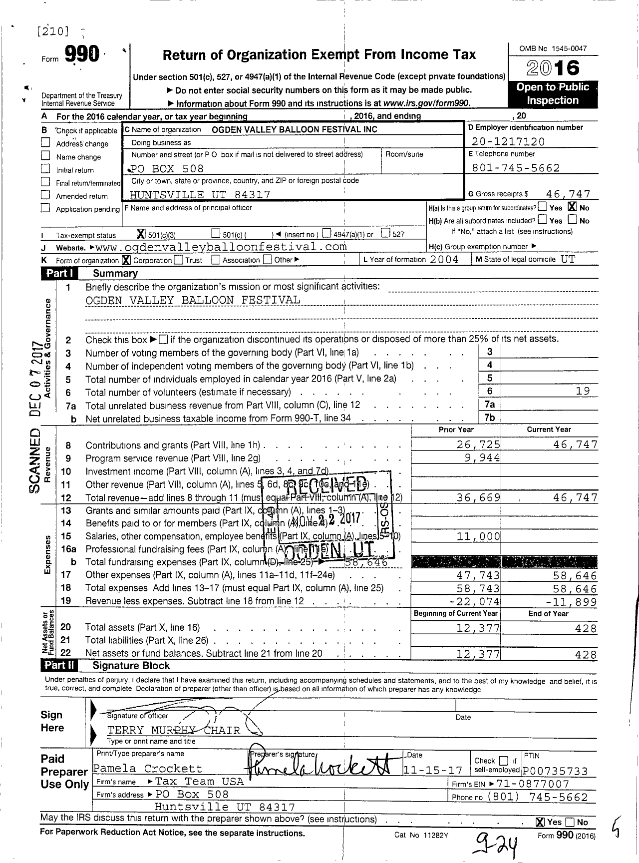 Image of first page of 2016 Form 990 for Ogden Valley Balloon Festival