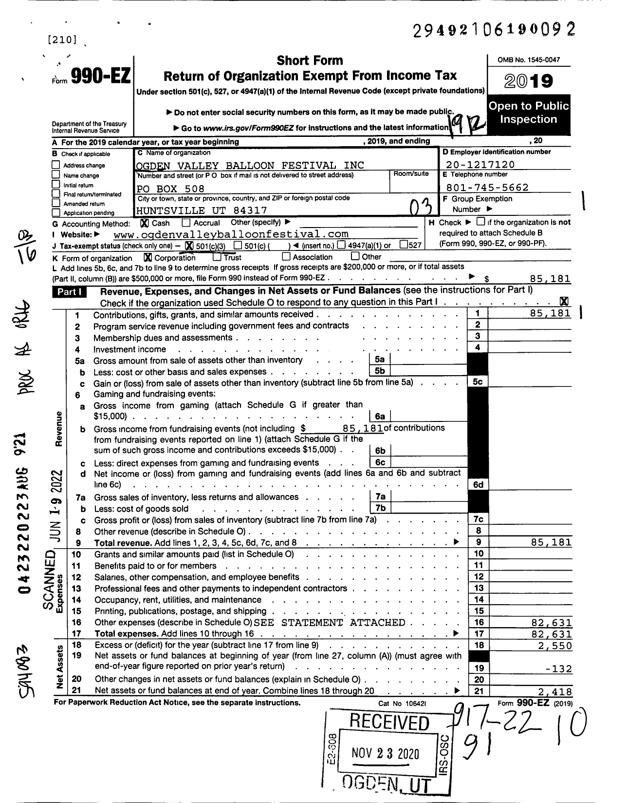 Image of first page of 2019 Form 990EZ for Ogden Valley Balloon Festival