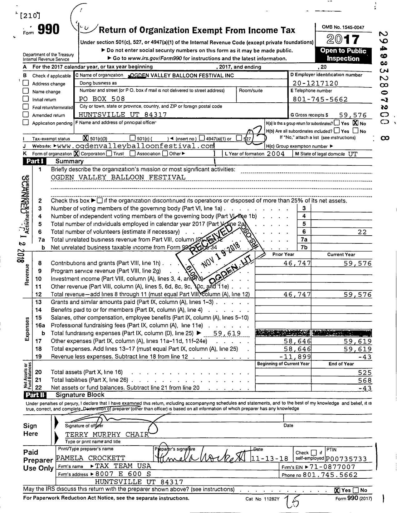 Image of first page of 2017 Form 990 for Ogden Valley Balloon Festival