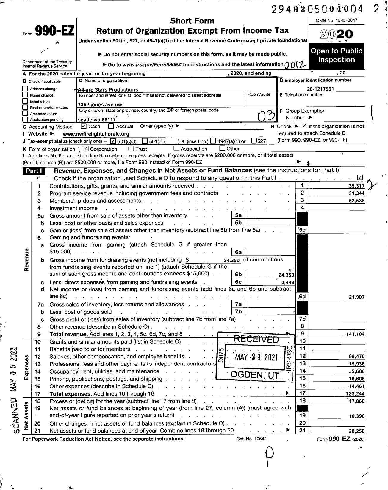 Image of first page of 2020 Form 990EZ for All Are Stars Productions Northwest Firelight Chorale