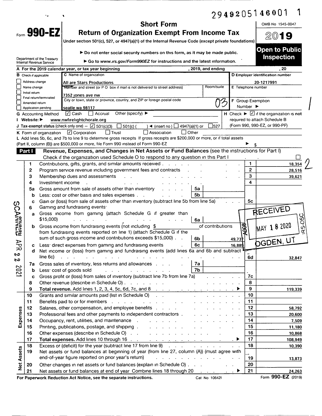 Image of first page of 2019 Form 990EZ for All Are Stars Productions Northwest Firelight Chorale