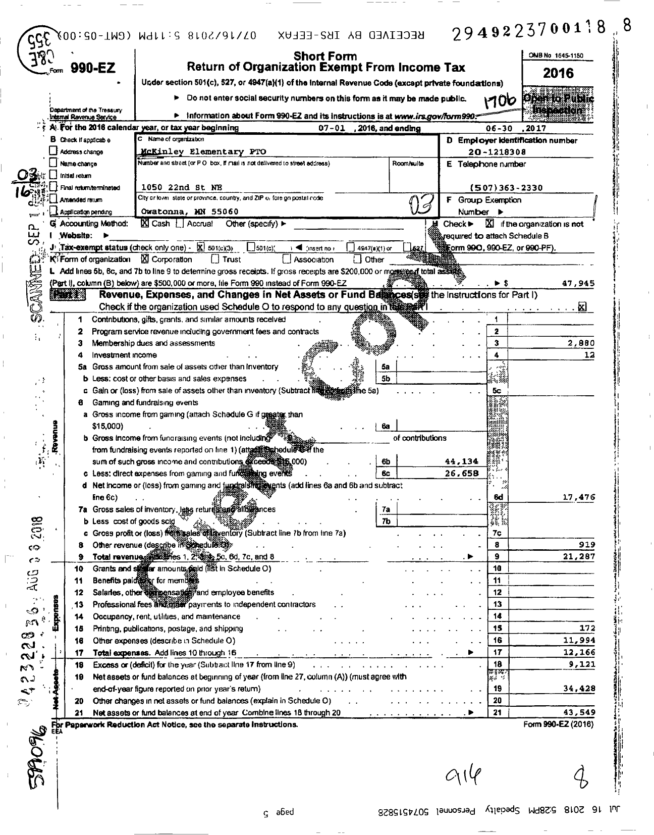 Image of first page of 2016 Form 990EZ for Mckinley Elementary Parent Teacher Organization