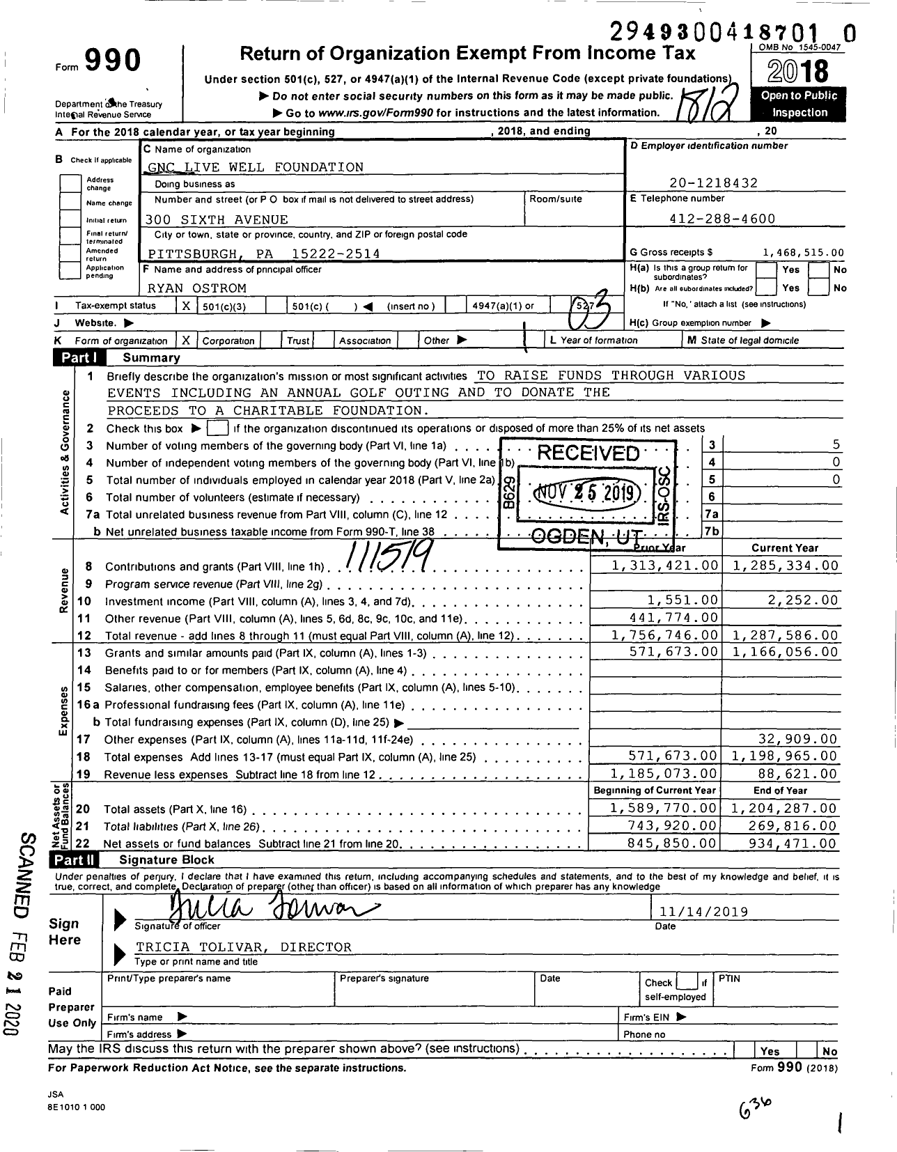 Image of first page of 2018 Form 990 for GNC Live Well Foundation