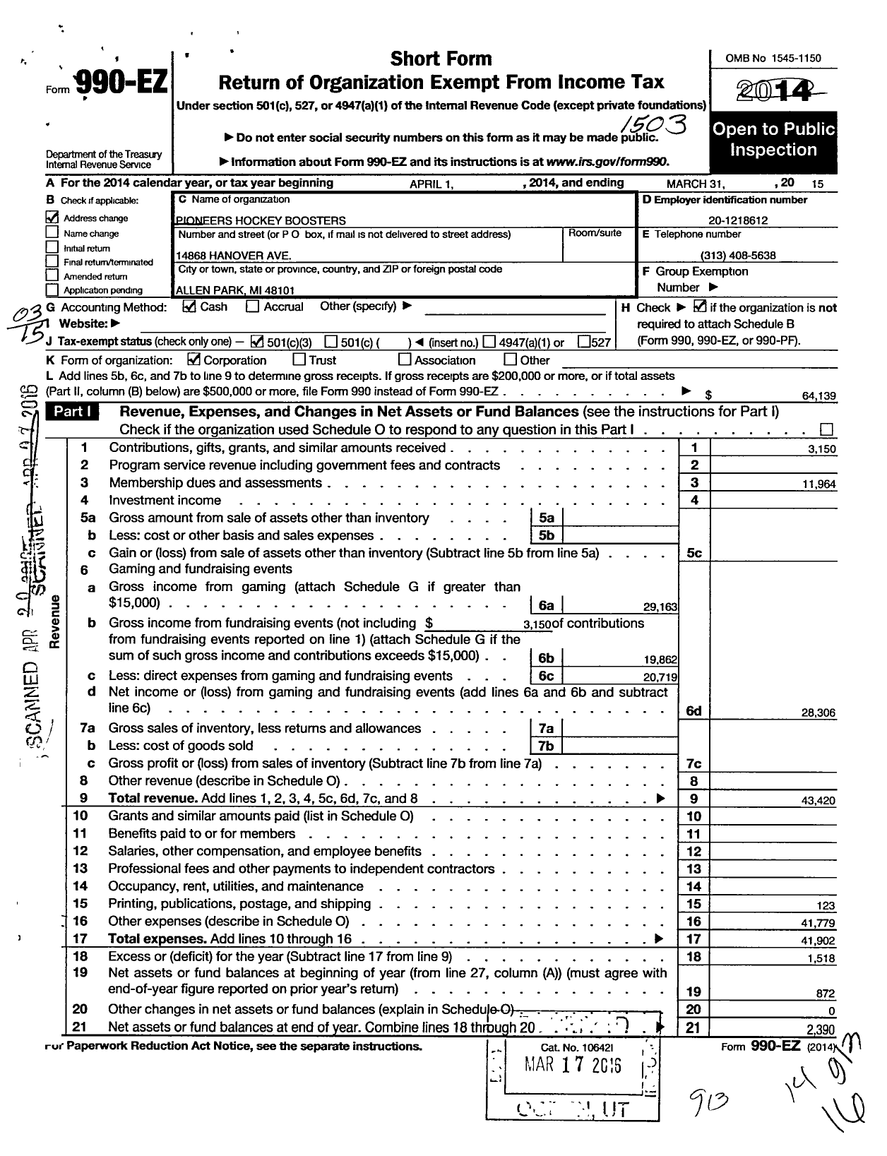 Image of first page of 2014 Form 990EZ for Pioneers Hockey Boosters