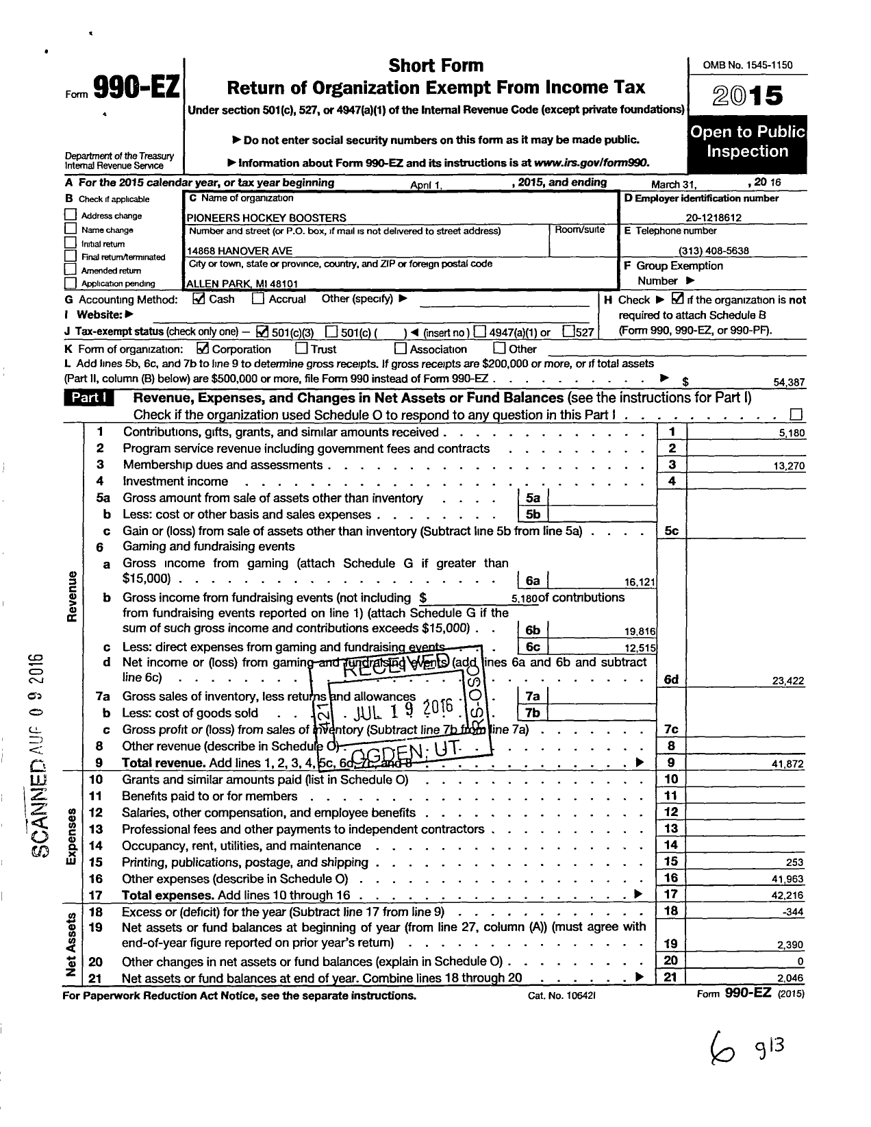 Image of first page of 2015 Form 990EZ for Pioneers Hockey Boosters