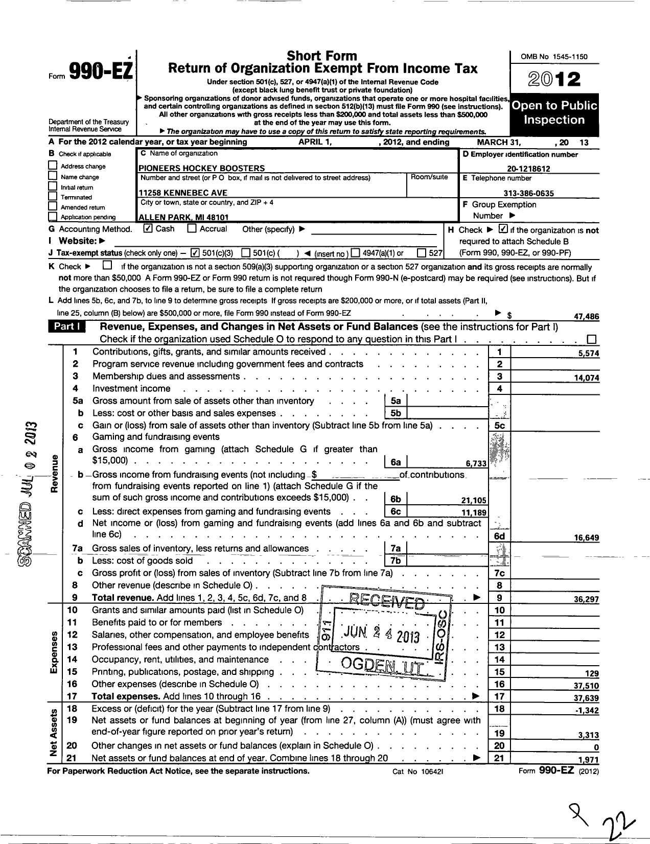 Image of first page of 2012 Form 990EZ for Pioneers Hockey Boosters